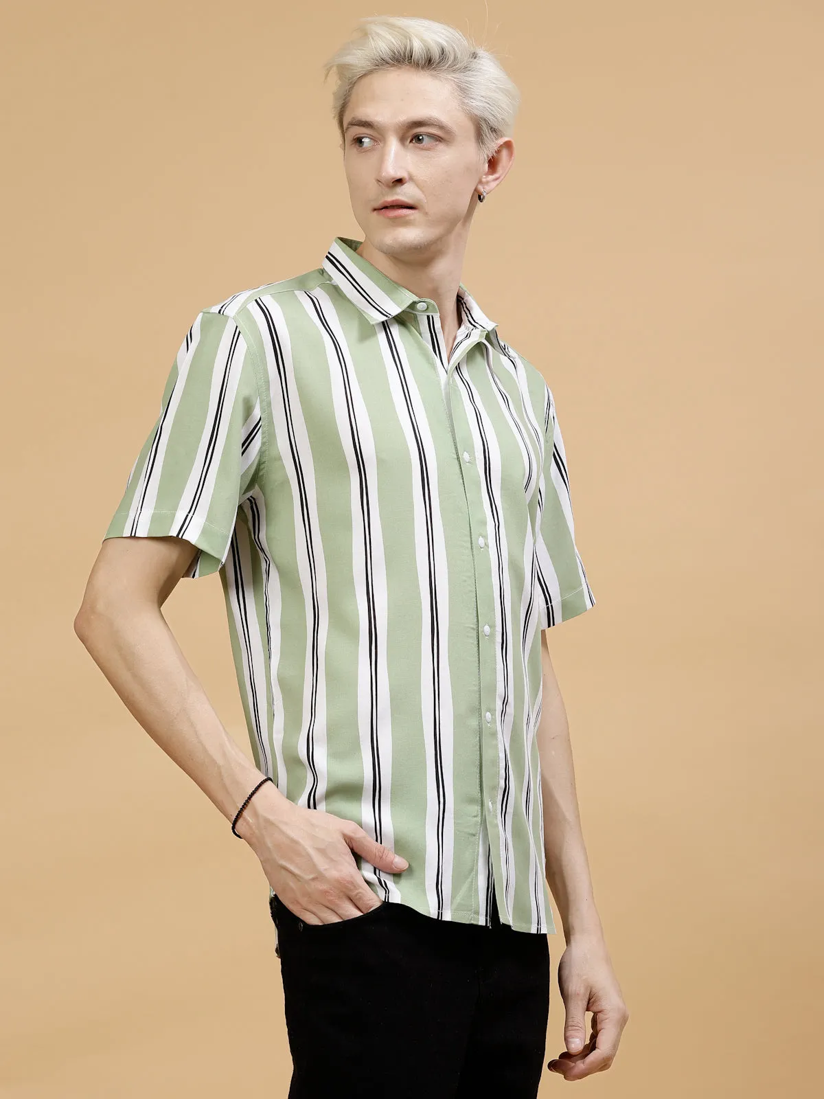 Men's Striped Rayon Cut Away Collar Yoke Detail Shirt