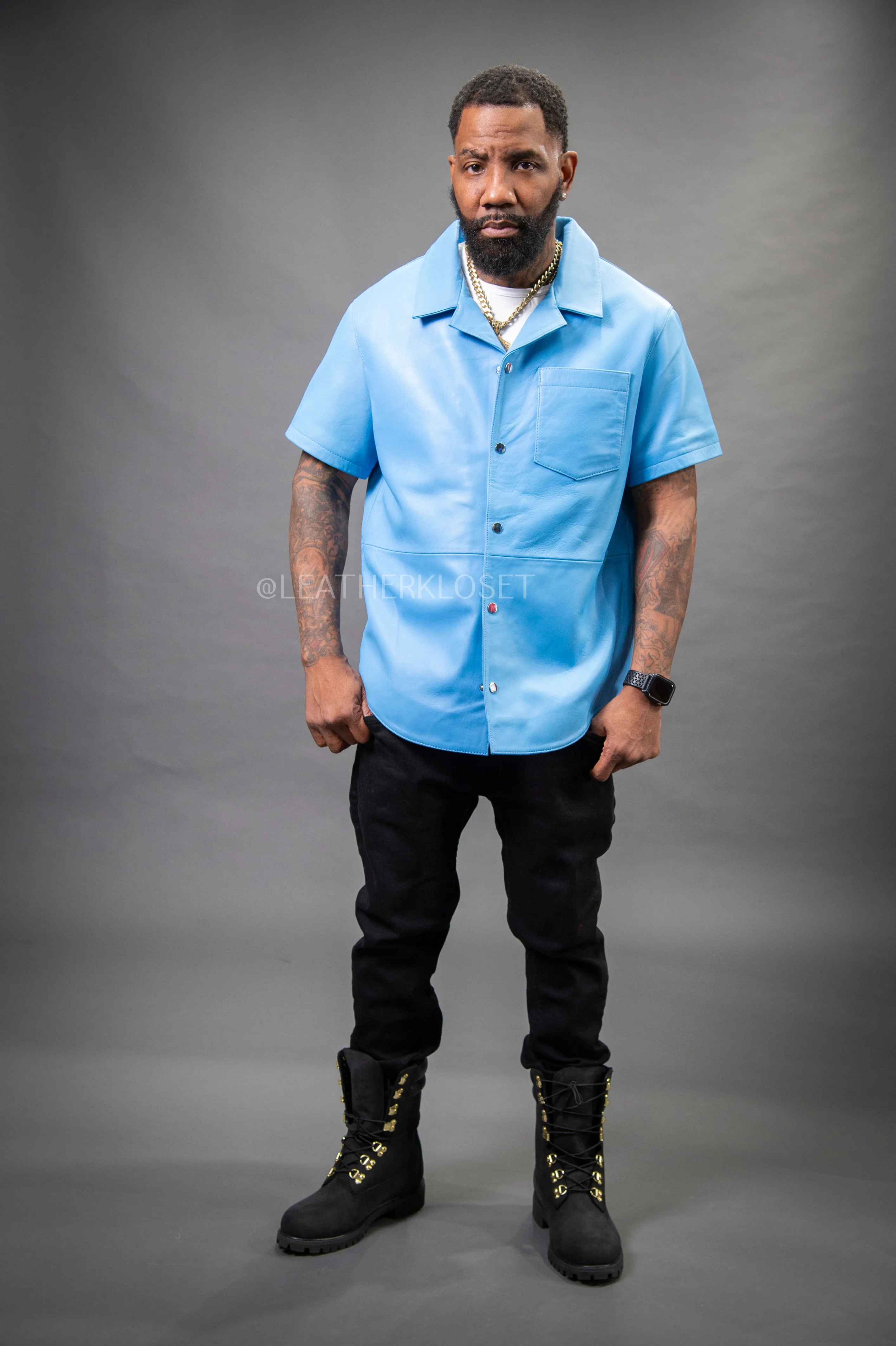 Luka Mens Short Sleeve Leather Shirt in Baby Blue - Perfect for Summer in Miami