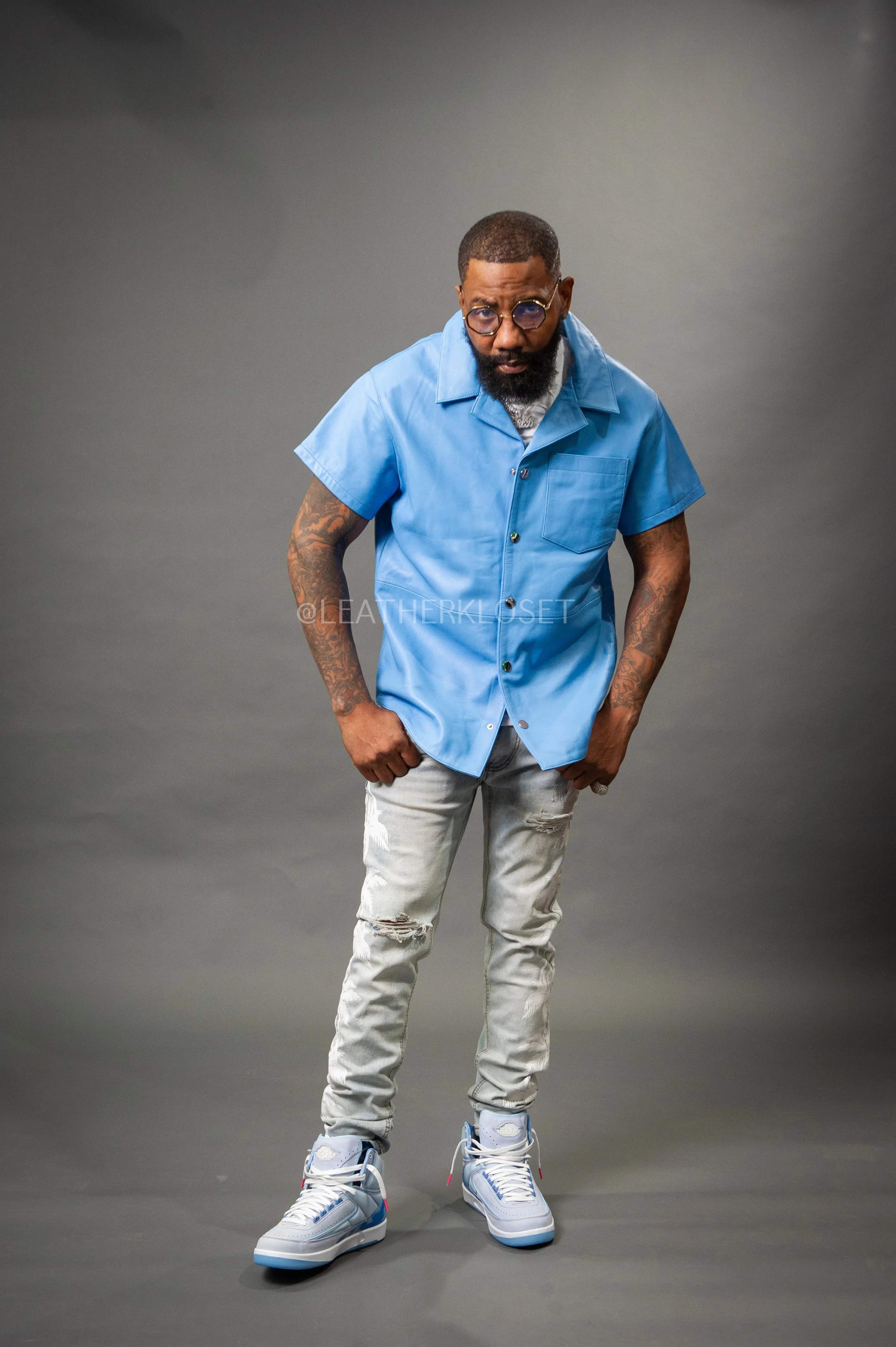 Men's Summer In Miami Luka Leather Short Sleeve Shirt [Baby Blue]