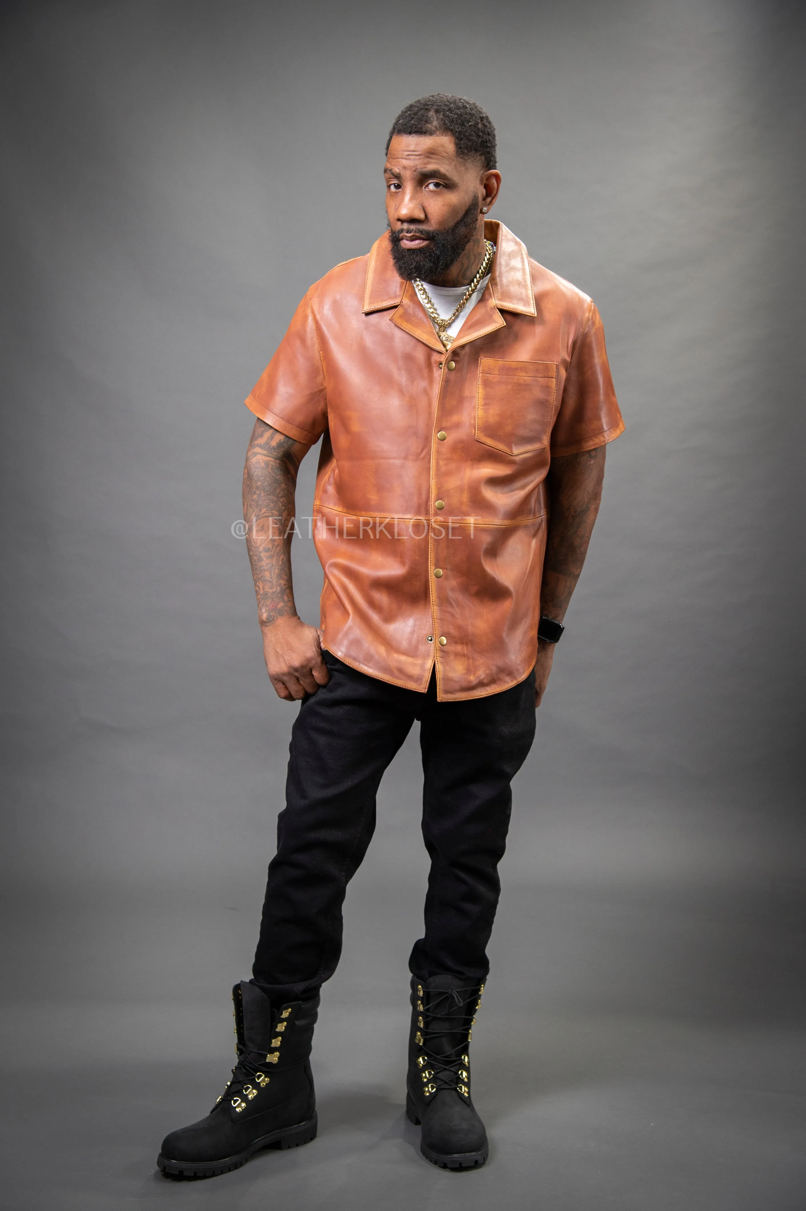 Short Sleeve Luka Leather Shirt for Men in Caramel Crunch - Perfect for Summer in Miami