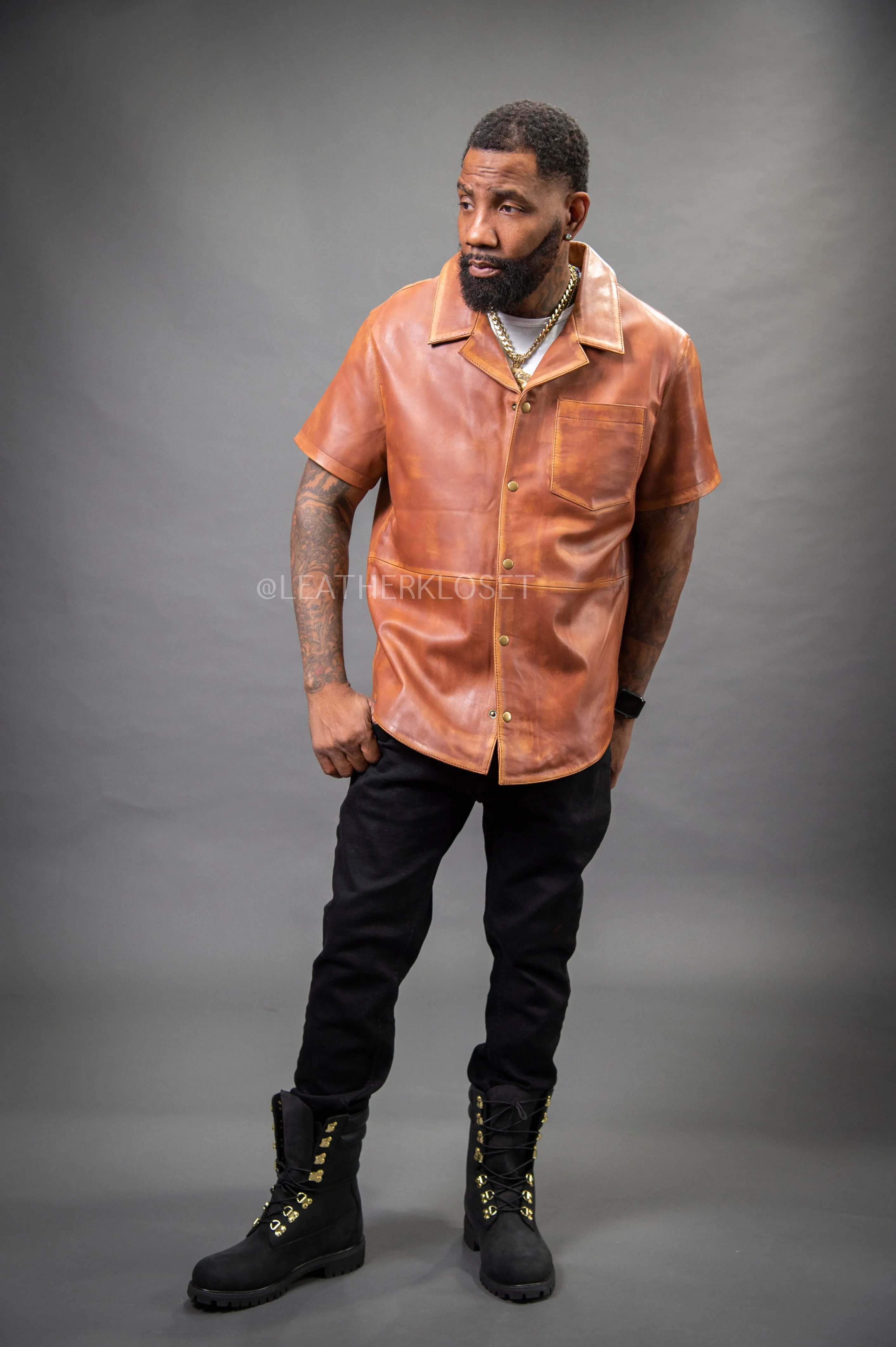 Short Sleeve Luka Leather Shirt for Men in Caramel Crunch - Perfect for Summer in Miami