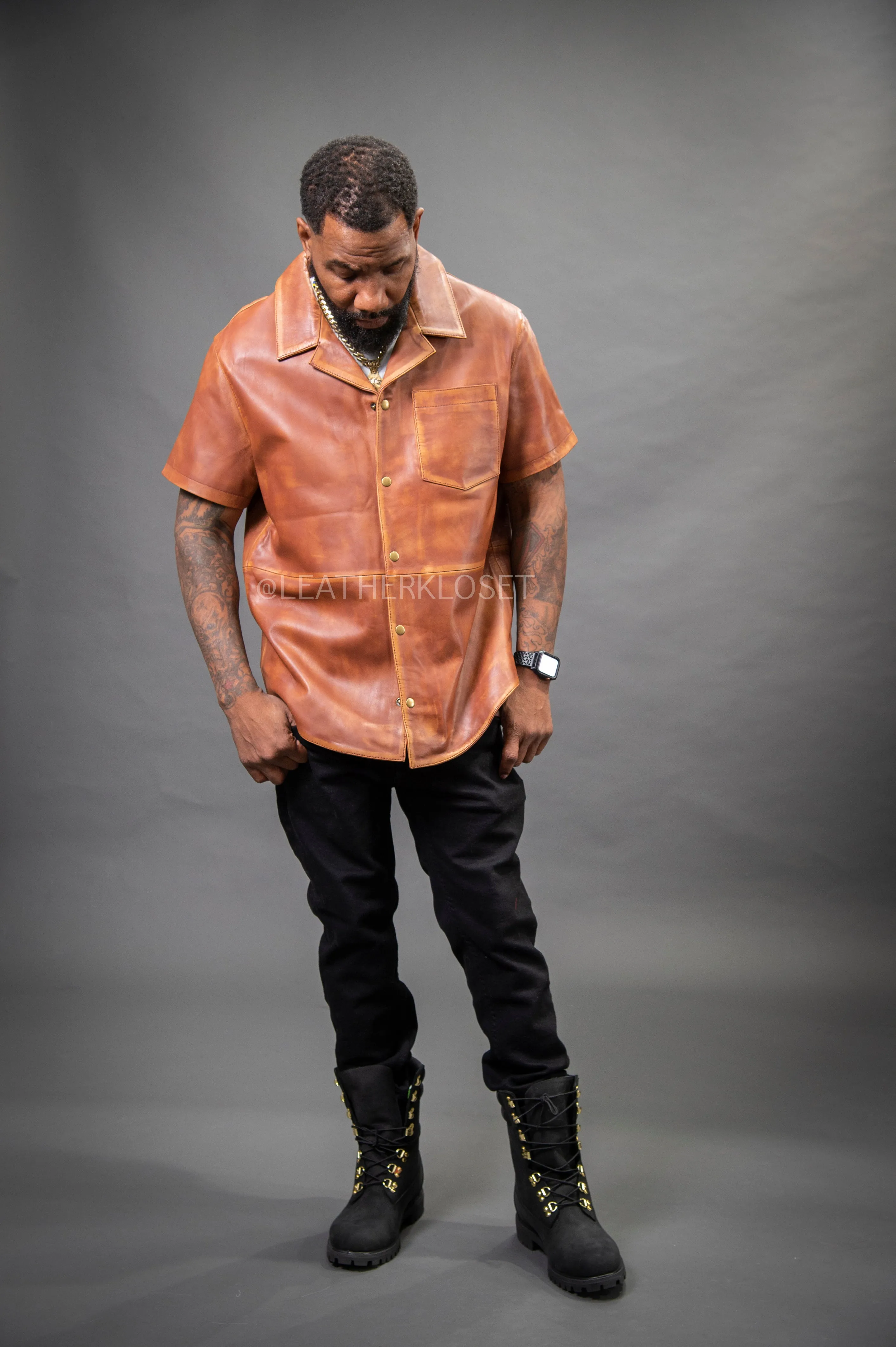 Short Sleeve Luka Leather Shirt for Men in Caramel Crunch - Perfect for Summer in Miami