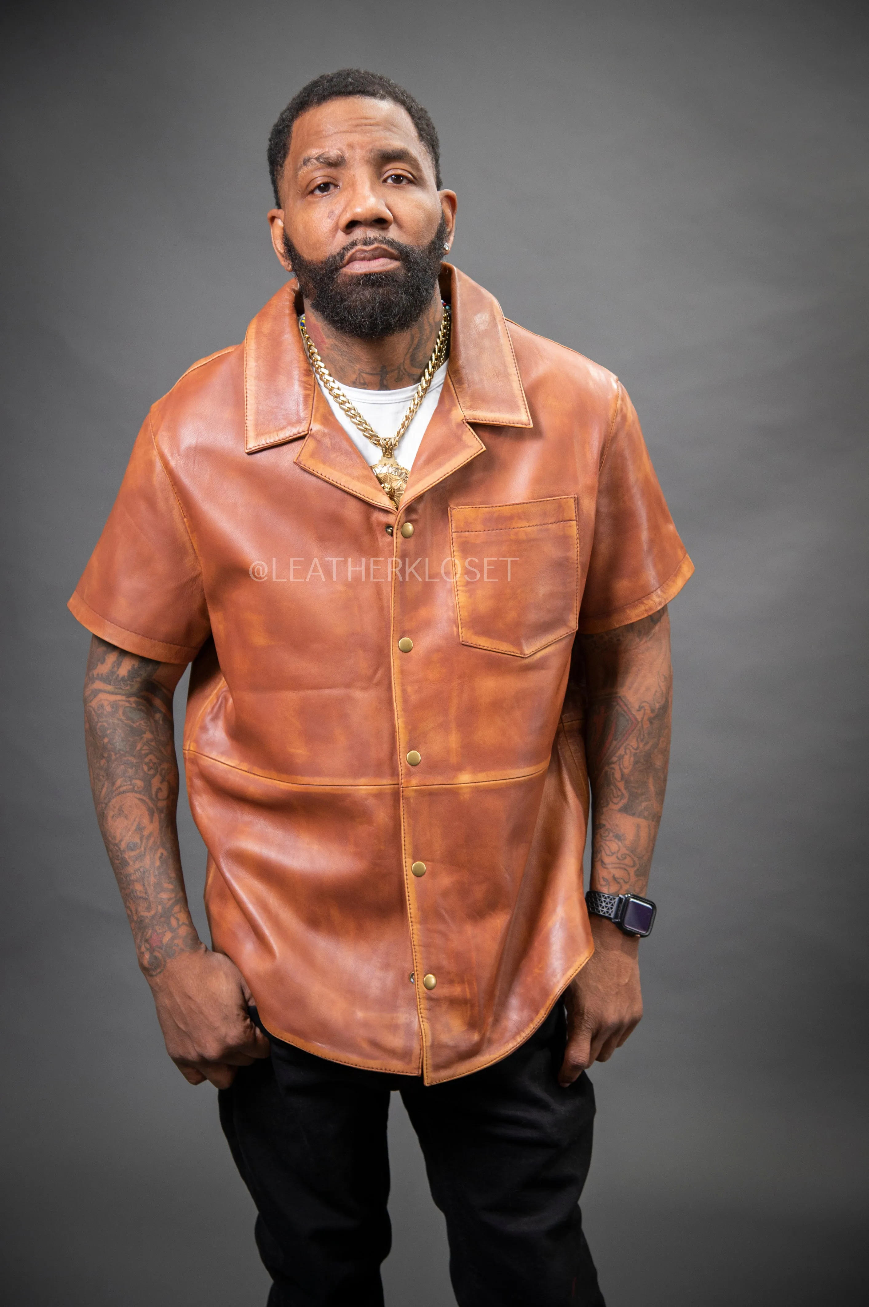 Short Sleeve Luka Leather Shirt for Men in Caramel Crunch - Perfect for Summer in Miami