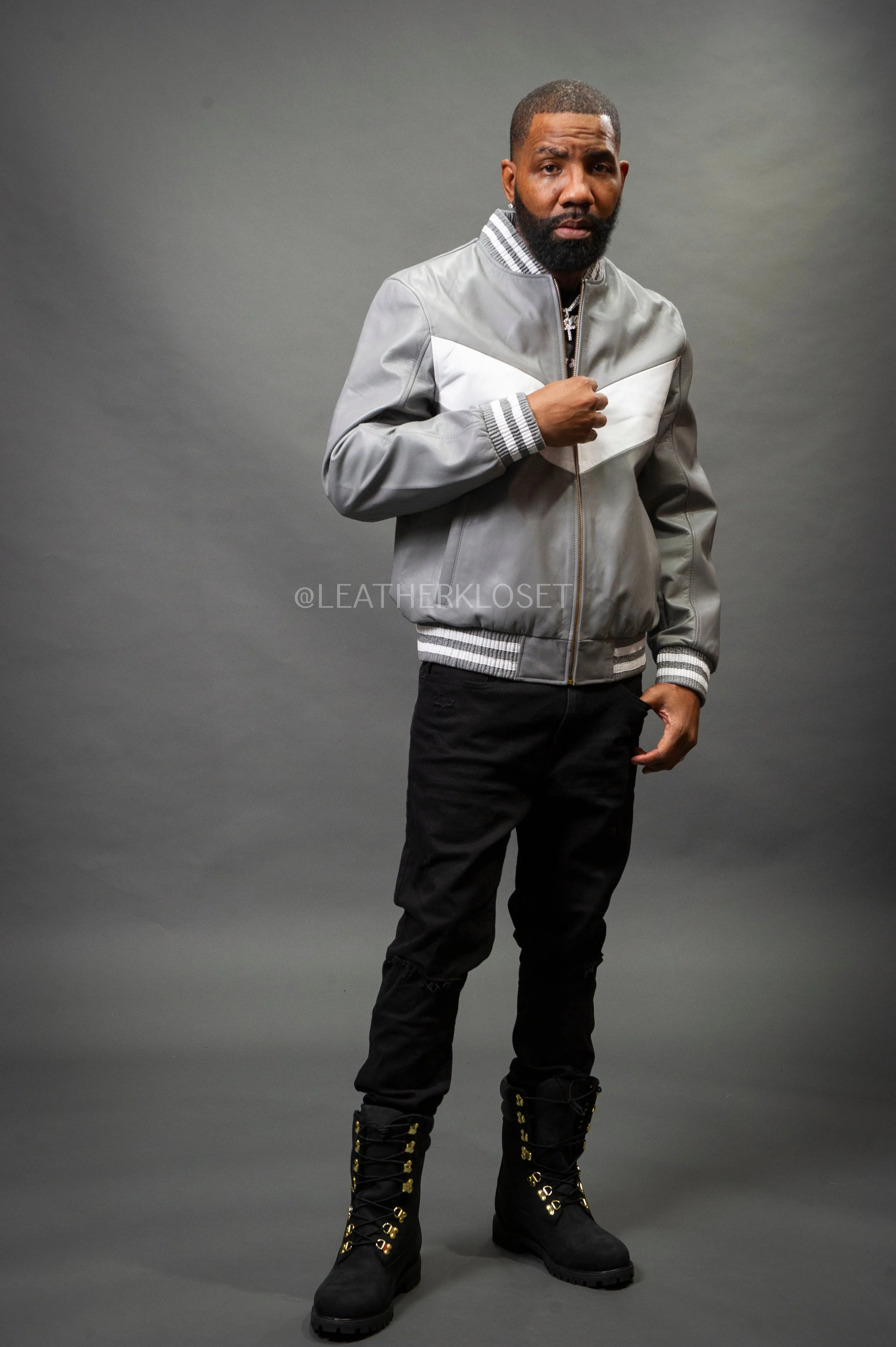 Optimal Mens Grey and White V-Baseball Jacket