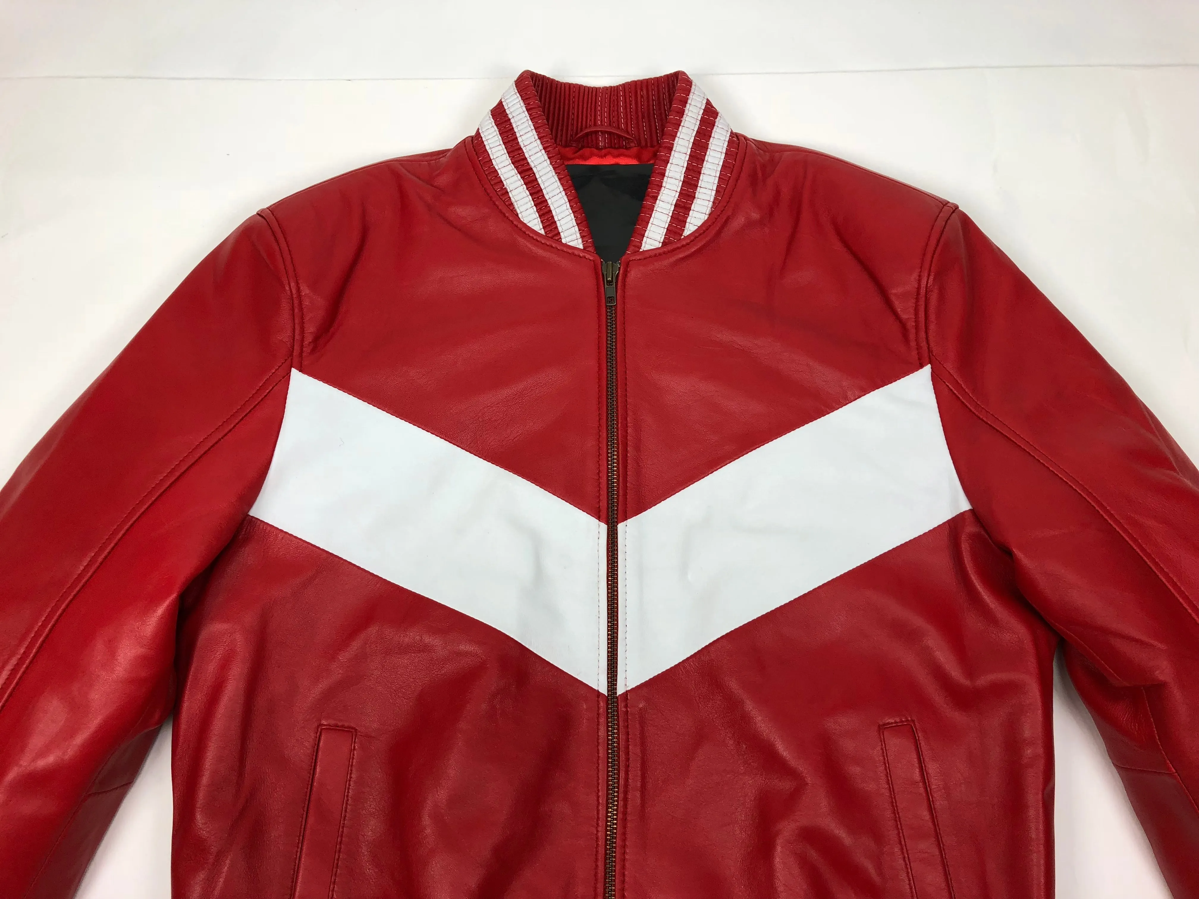 Mens Premium Red and White V-Bomber Style Baseball Jacket