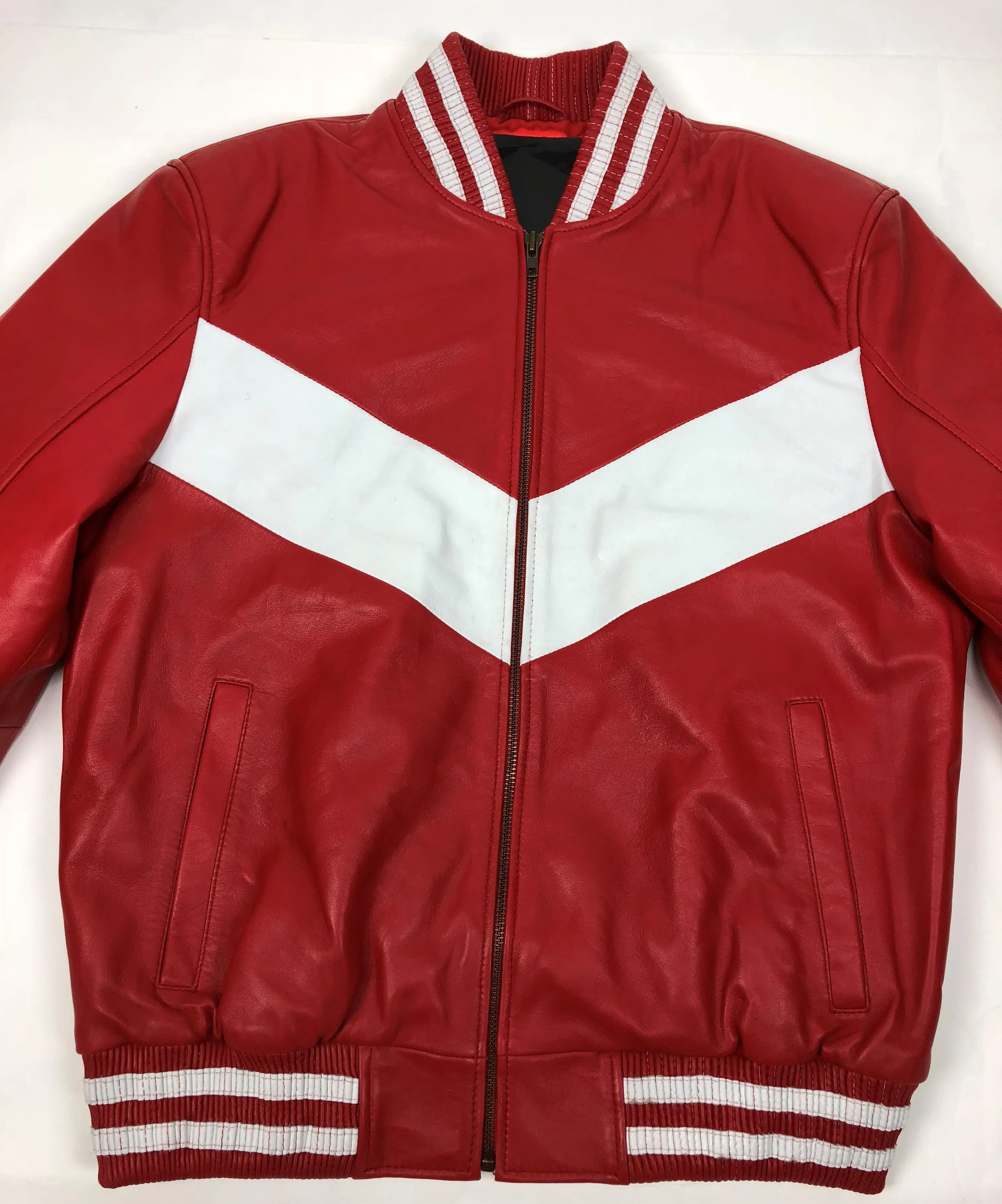 Mens Premium Red and White V-Bomber Style Baseball Jacket