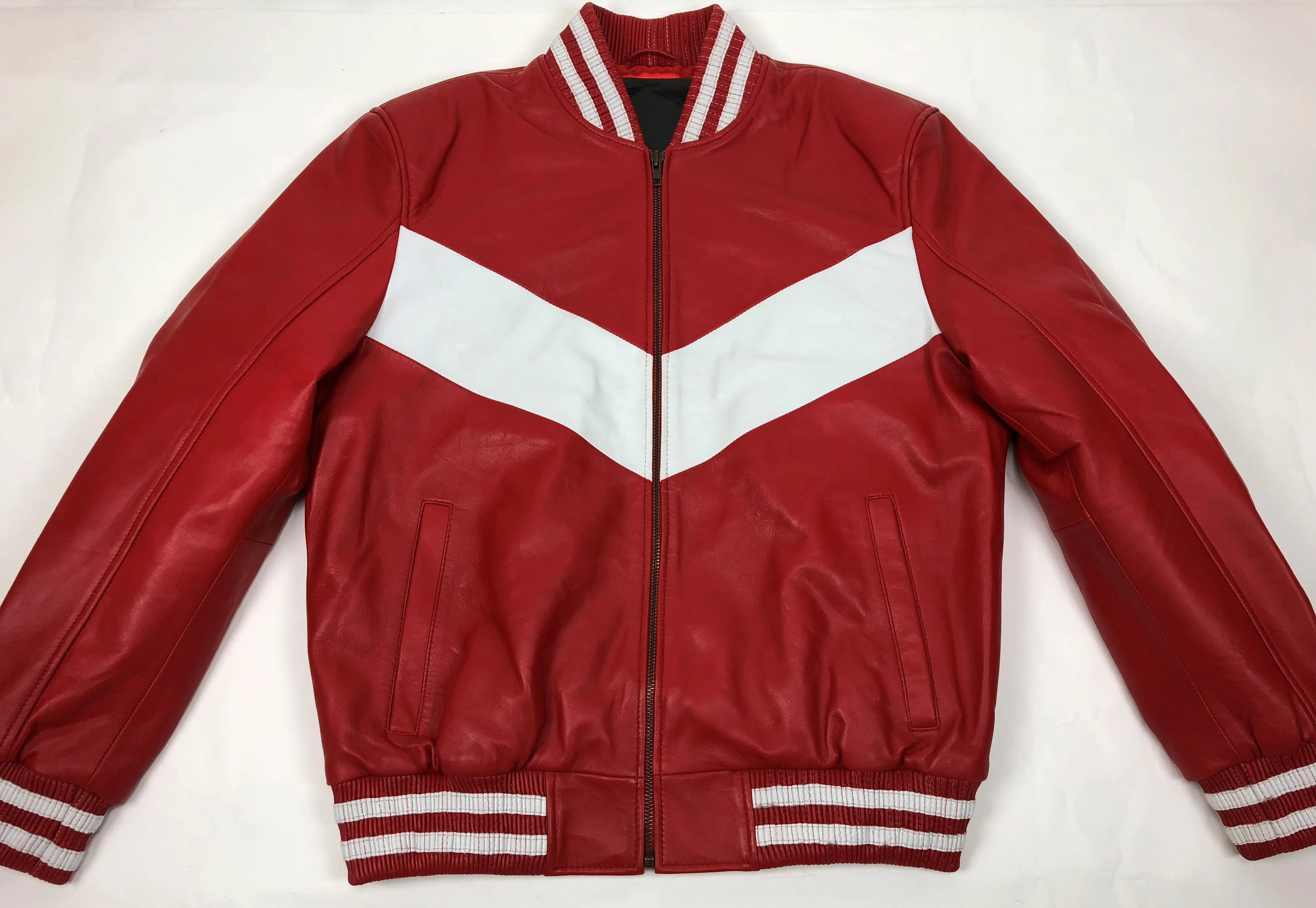 Mens Premium Red and White V-Bomber Style Baseball Jacket