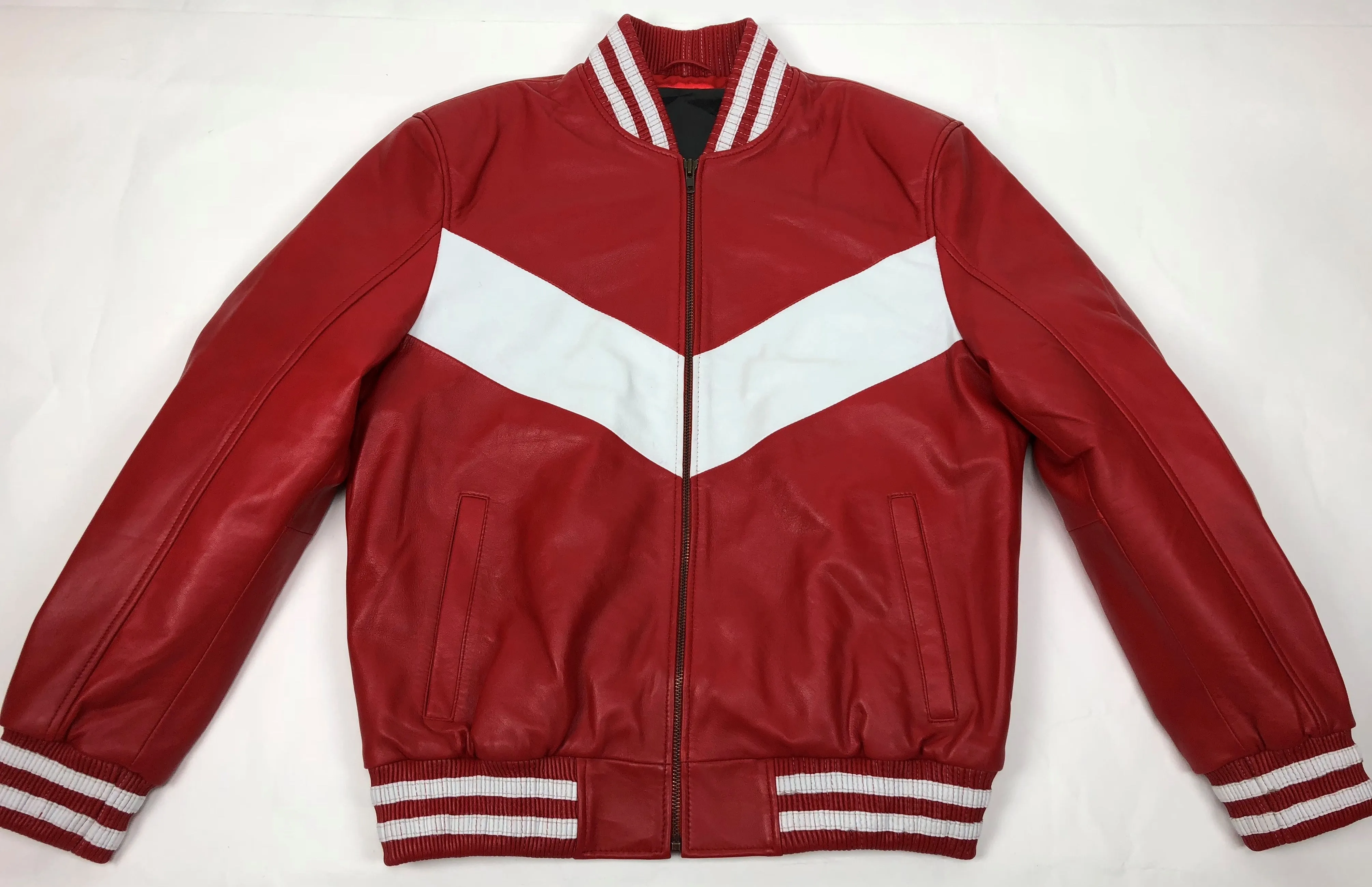 Mens Premium Red and White V-Bomber Style Baseball Jacket