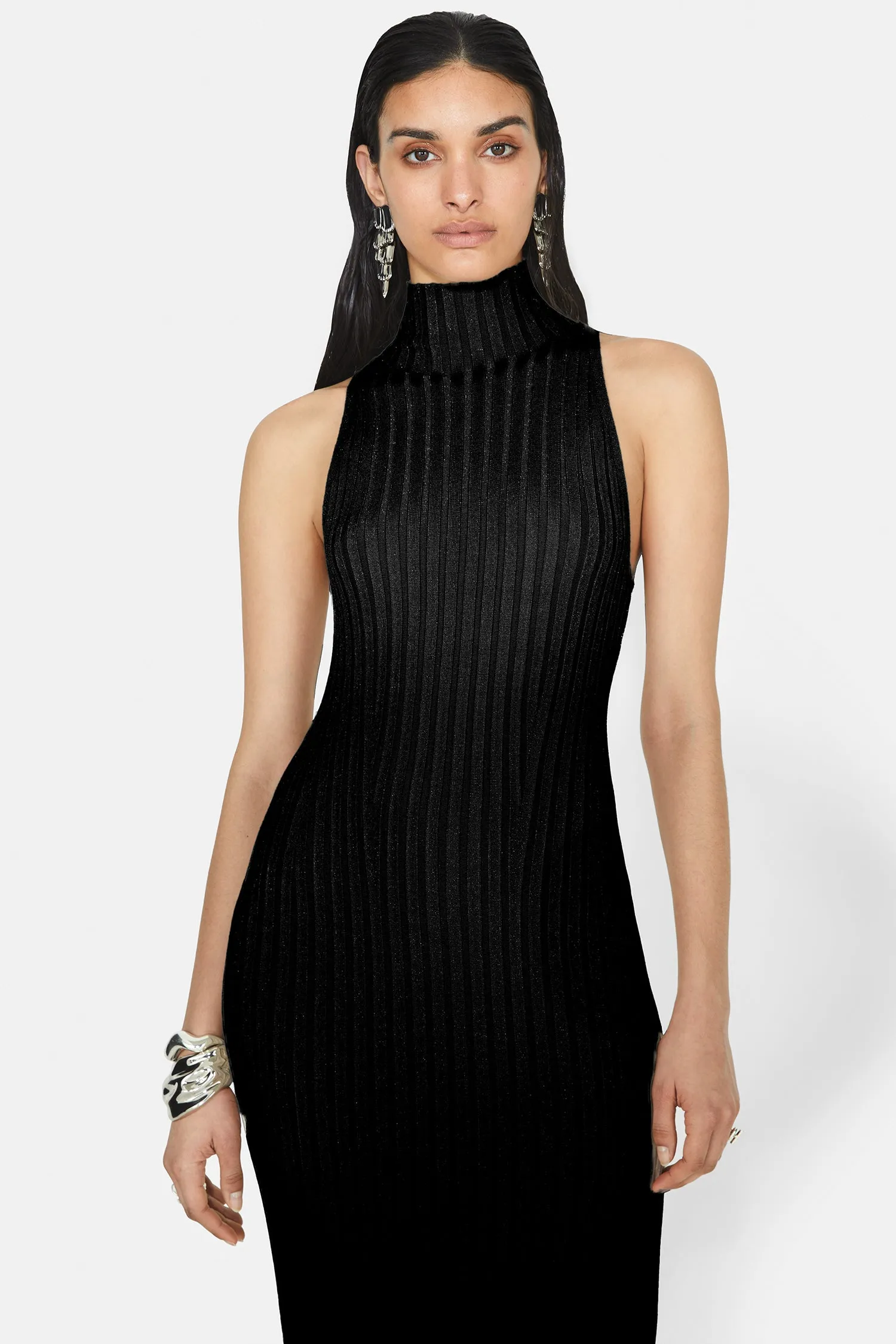 Metallic Rhea Turtleneck Dress - Black