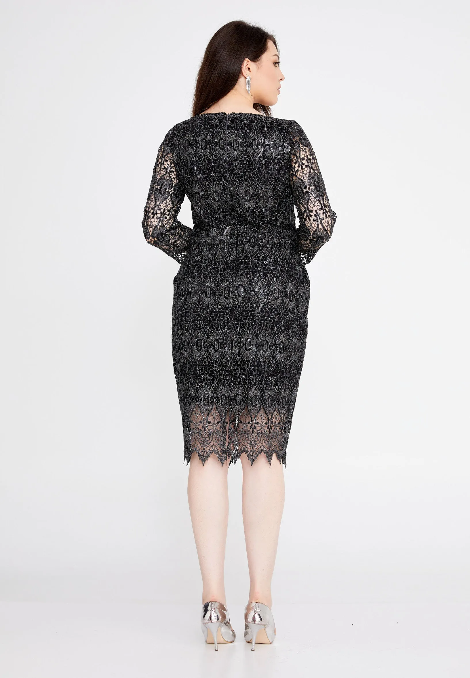 Mid-Length Midi Lace Column Plus Size Dress - Black