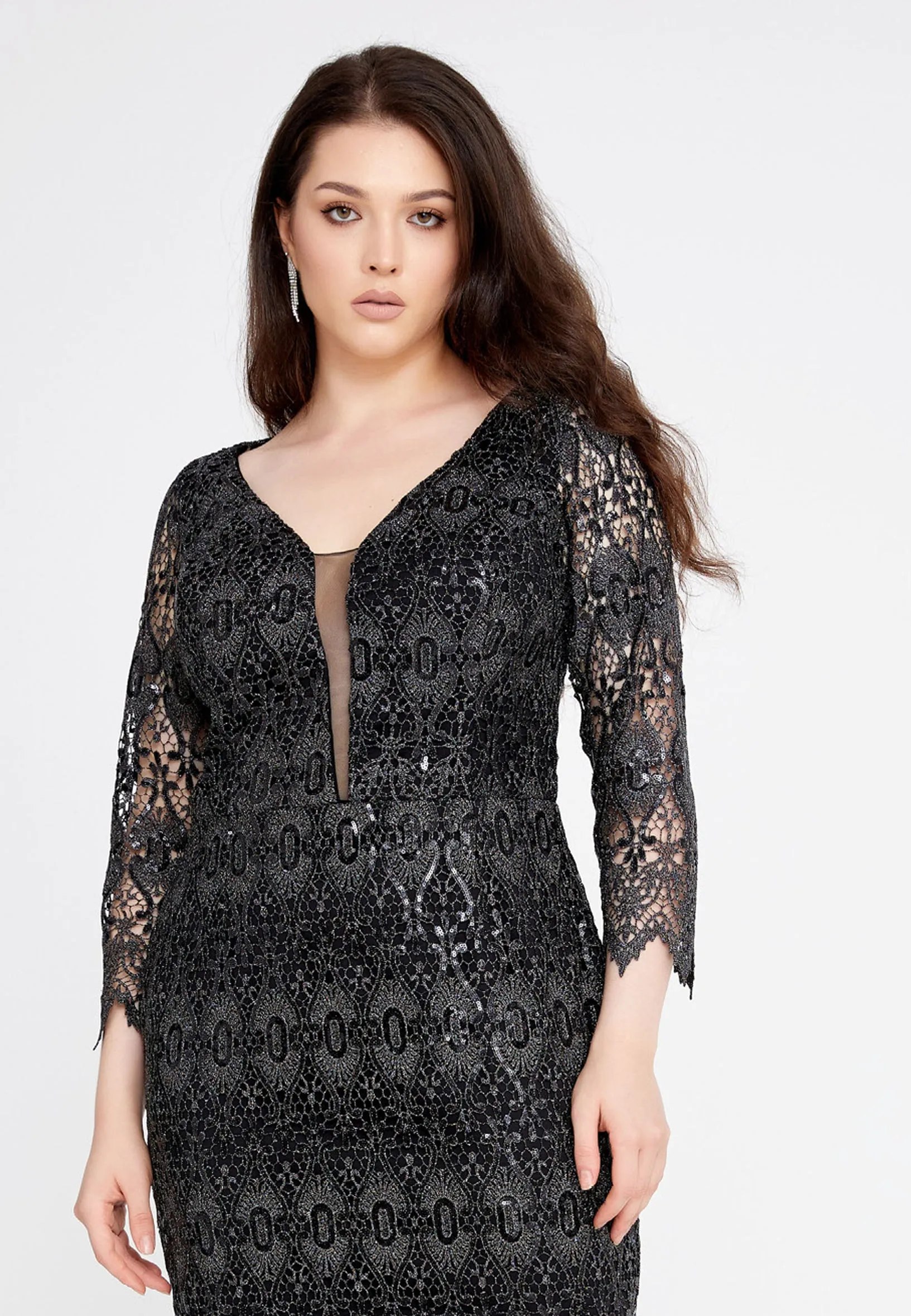 Mid-Length Midi Lace Column Plus Size Dress - Black