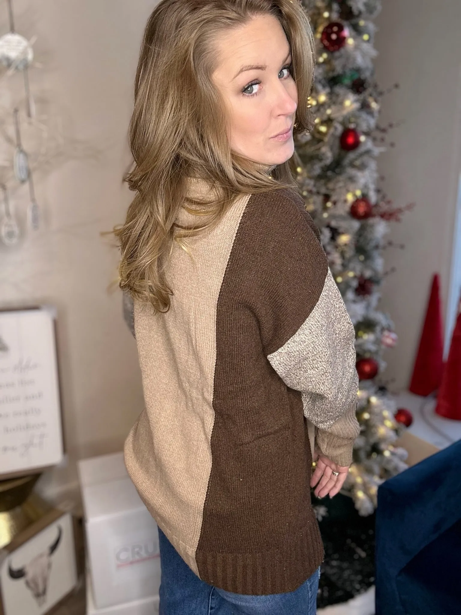 Mocha ColorBlock Turtleneck Sweater