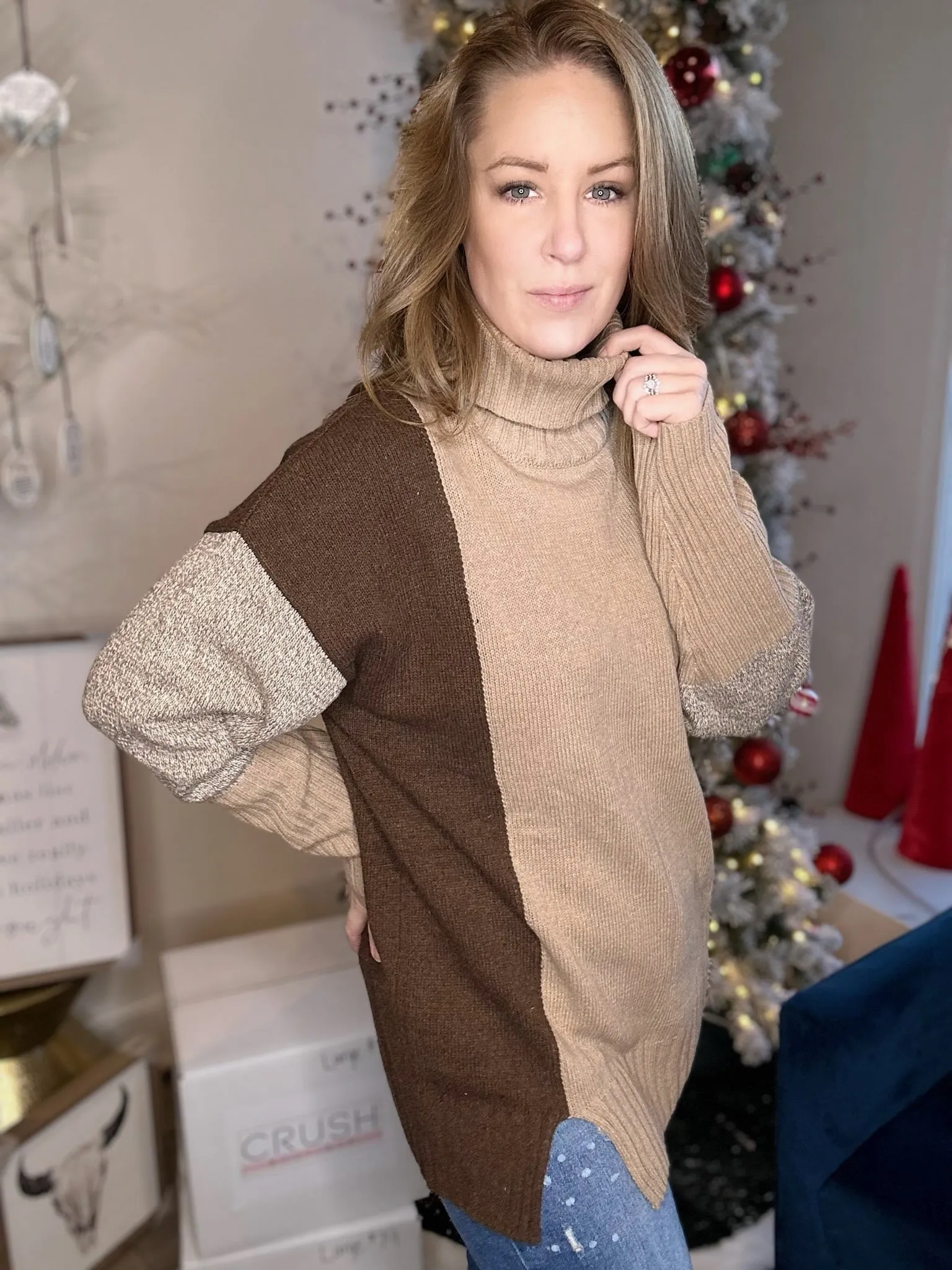 Mocha ColorBlock Turtleneck Sweater