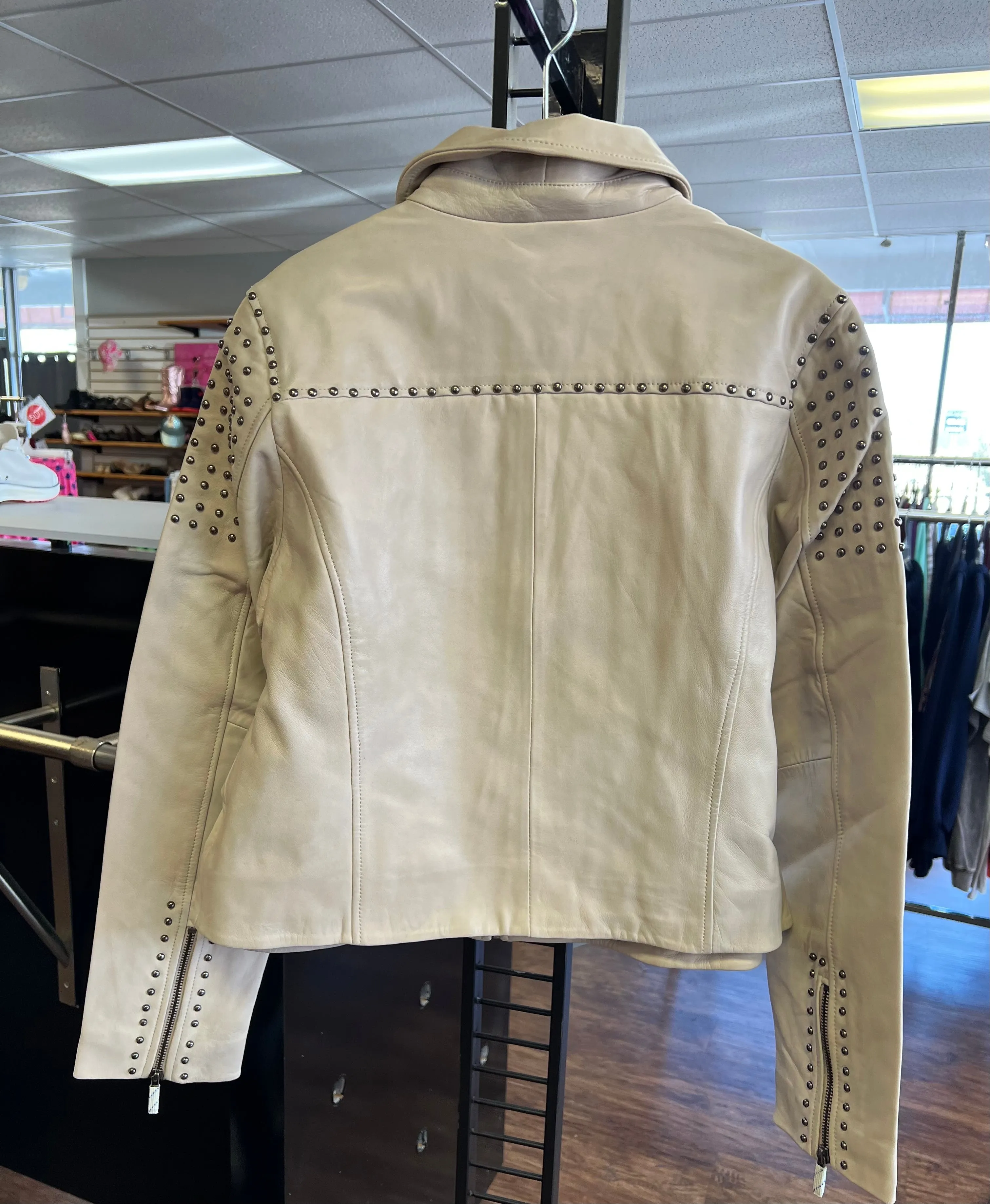 Myra Bag Beige Embroidered Studded LEATHER JACKET Size L