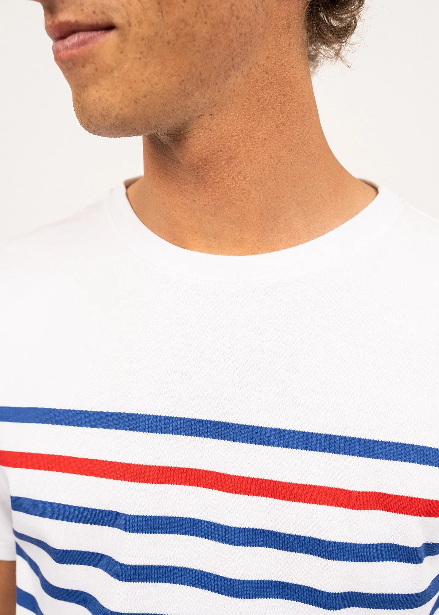 Naval short sleeve sailor shirt - placed stripe, in cotton (NEIGE/GITANE/TULIPE)