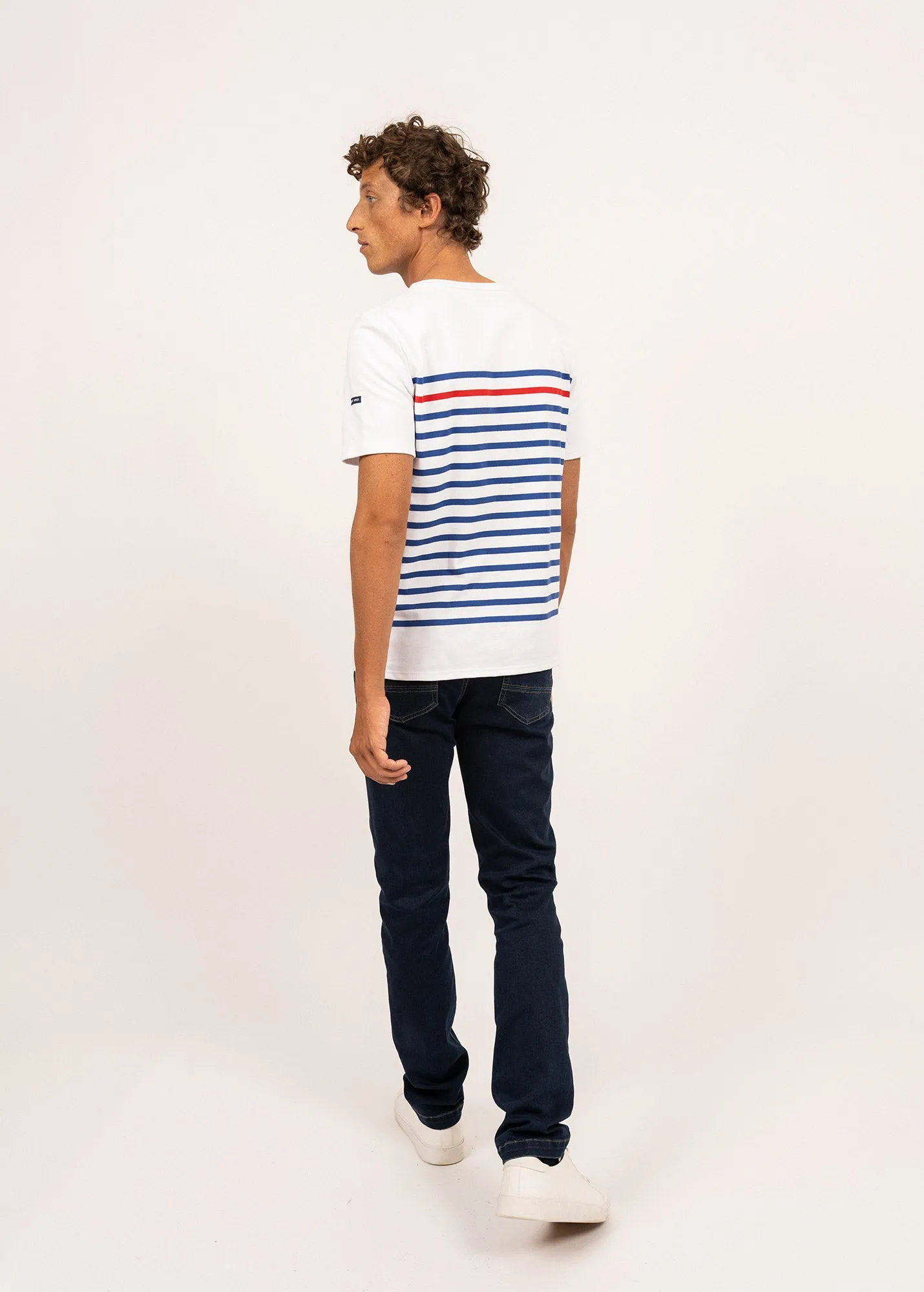 Naval short sleeve sailor shirt - placed stripe, in cotton (NEIGE/GITANE/TULIPE)