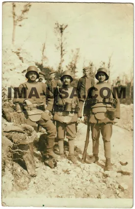 Original Imperial German WWI Postcard Photograph Featuring 3 Soldiers Wearing Modified Sappenpanzer Trench Body Armor With Writing On Back - 5 ½” x 3 ½”