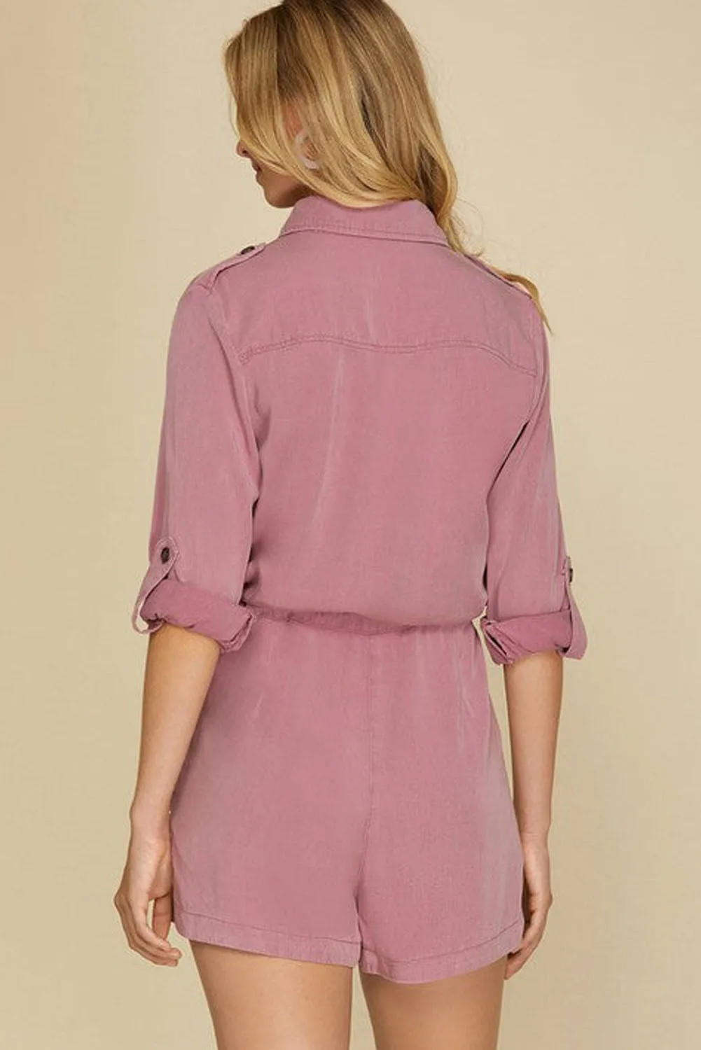 Peach Blossom Roll up Sleeve Flap Pockets Drawstring Playsuit