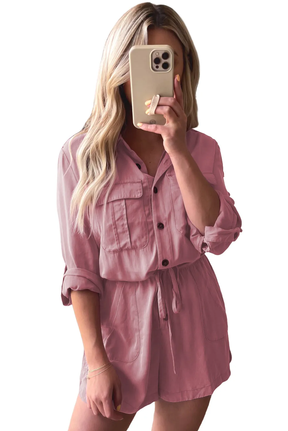 Peach Blossom Roll up Sleeve Flap Pockets Drawstring Playsuit