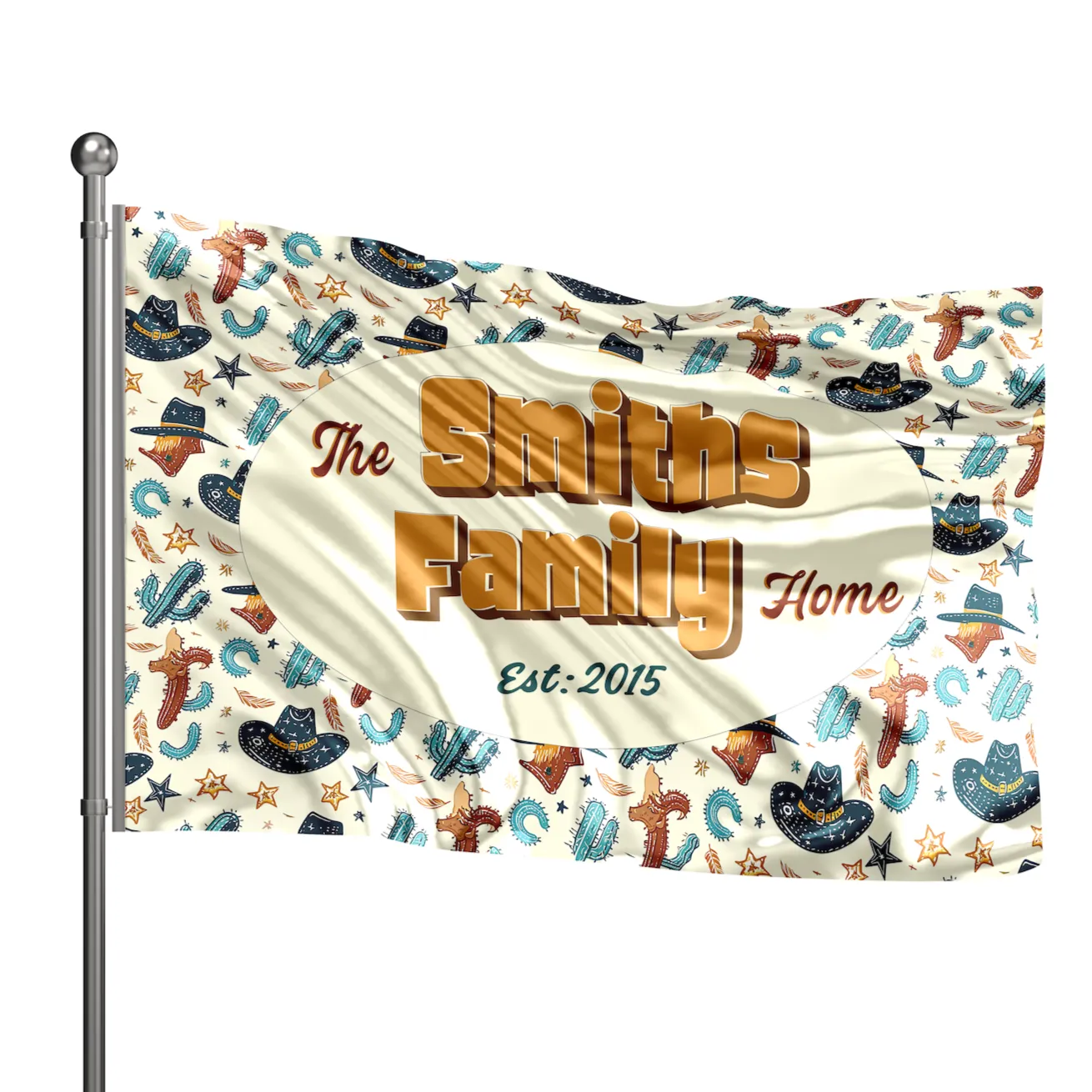 Personalized House Flag, Customized Family Last Name and Established Year, American Cowboy Garden Sign, Double Sided, Multiple Sizes, UV resistant, Polyester Garden Yard, Outdoor Decoration