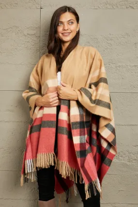 Plaid Shawl Poncho Cardigan in Khaki