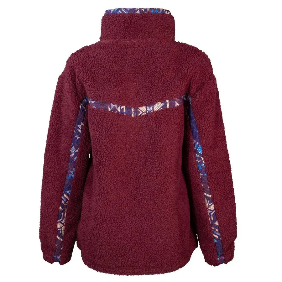 "LADIES SHERPA PULLOVER" PINK W/ PURPLE AZTEC ACCENTS