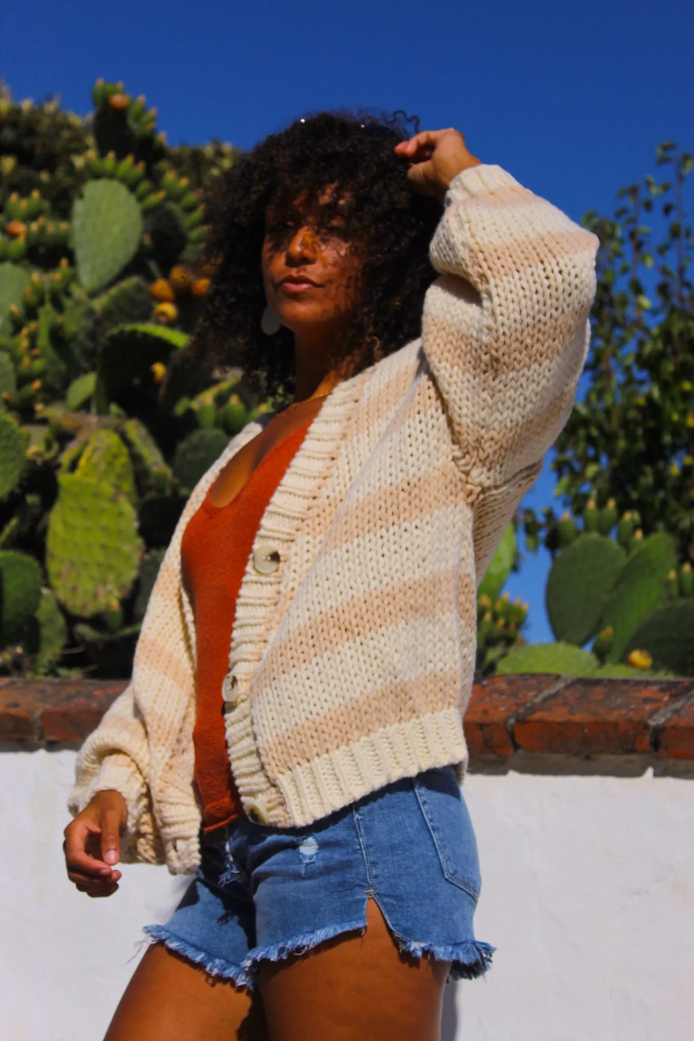 She’s A Natural Striped Button-Front Crochet Cardigan - Cream/Taupe