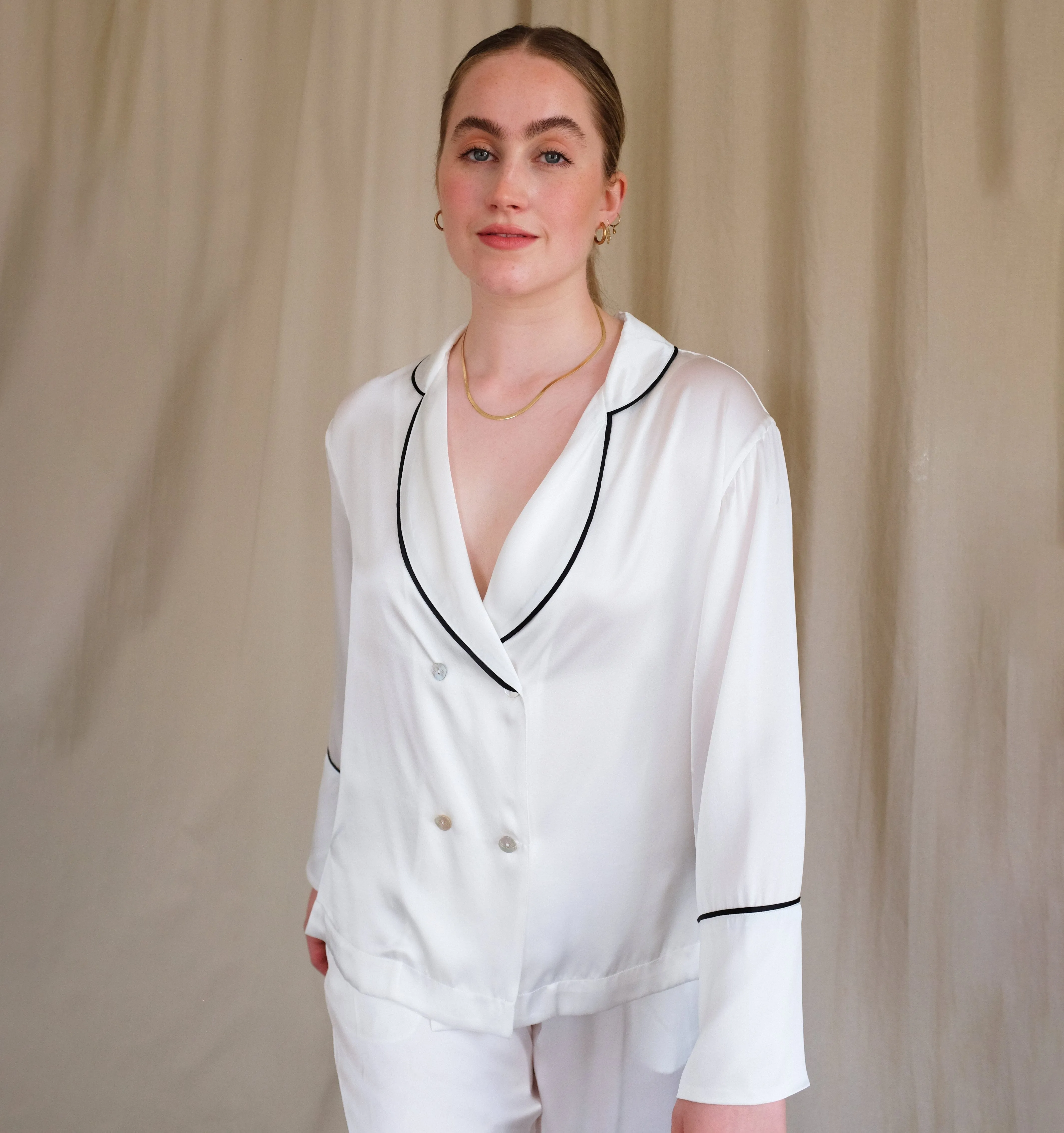 Silk double-breasted pyjama set [Ivory]