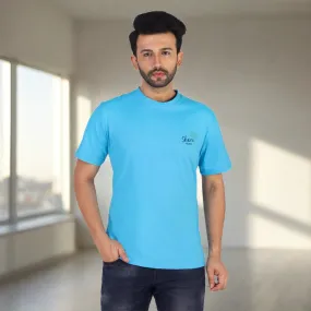 Soft Enzyme Washed Azure Blue Round Neck Cotton T-shirt