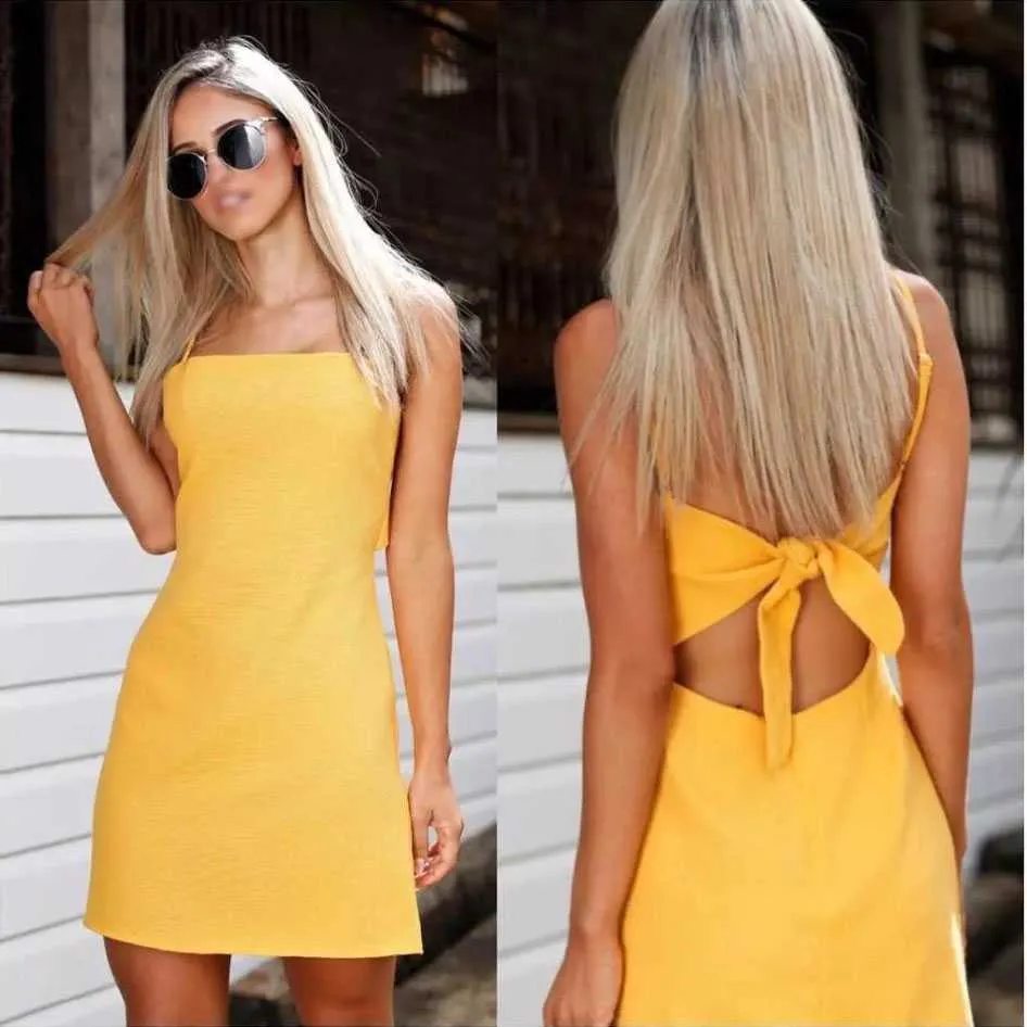 Solid Color Back Tie Midi Dress Casual