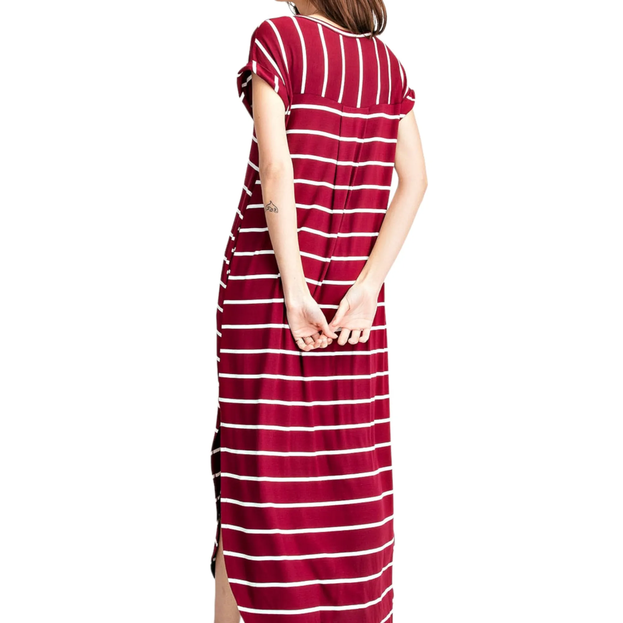 Stripe V-Neck basic Short Sleeves Maxi Dress