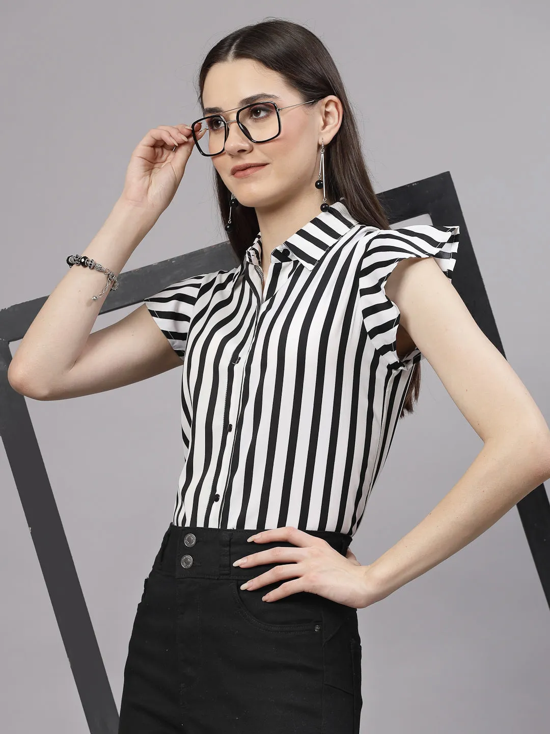 Style Quotient Women Black and White Formal Short Cap Sleeve Shirt