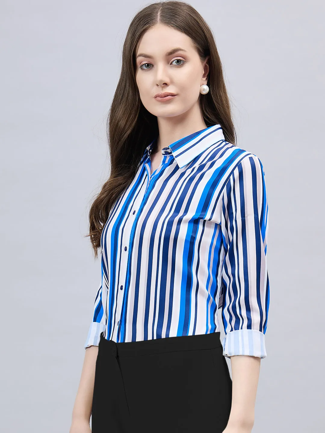 Style Quotient Women Blue And Multi Stripe Printed Polyester Regular Fit Formal Shirt