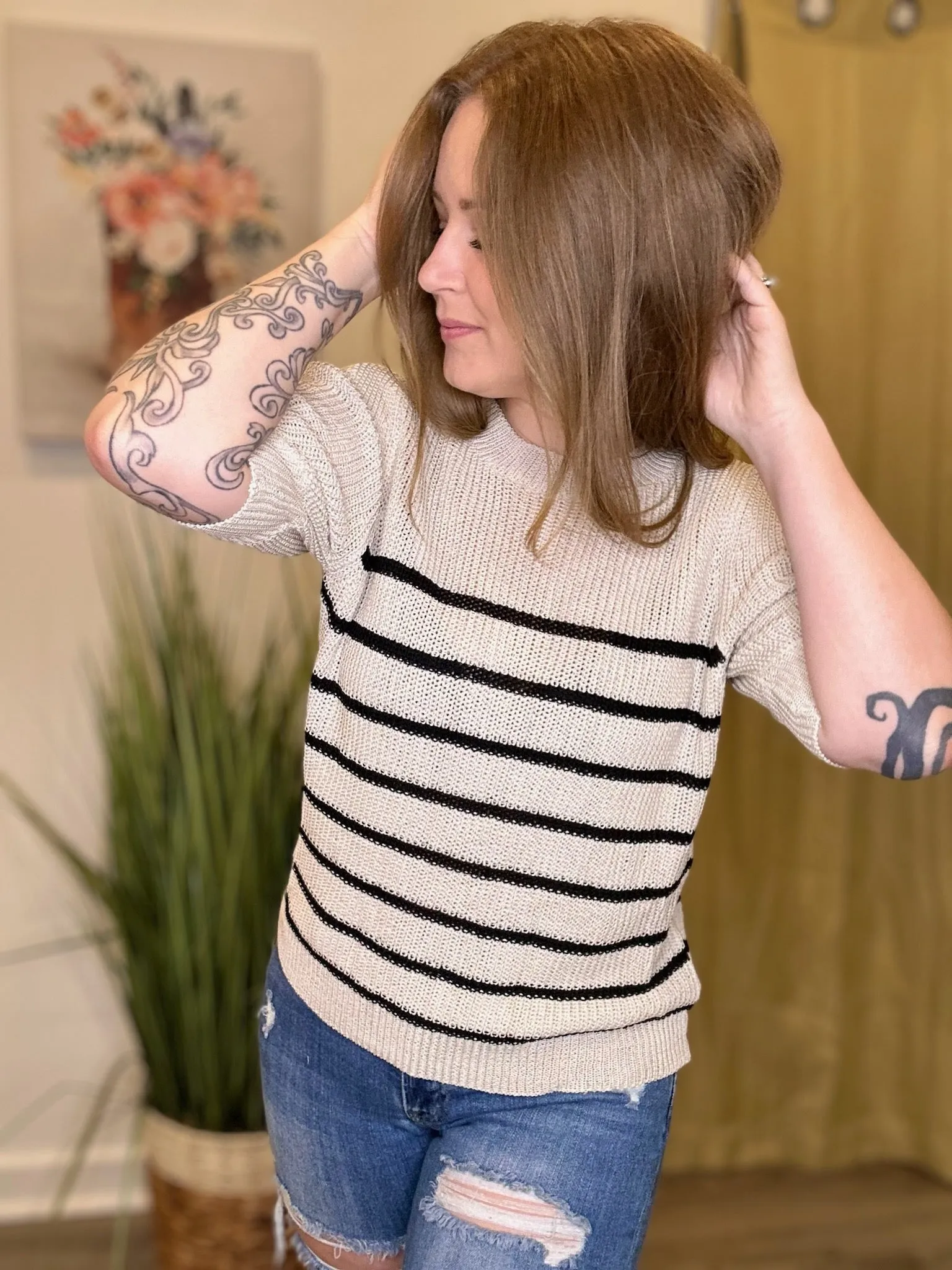 Taupe Striped Knit Puff Sleeve Top