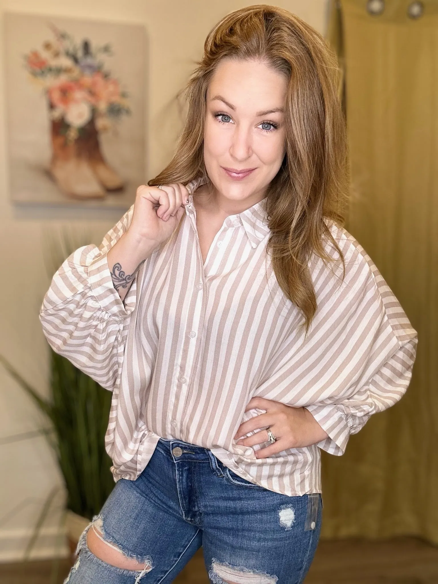 Taupe Striped Oversize Button Up