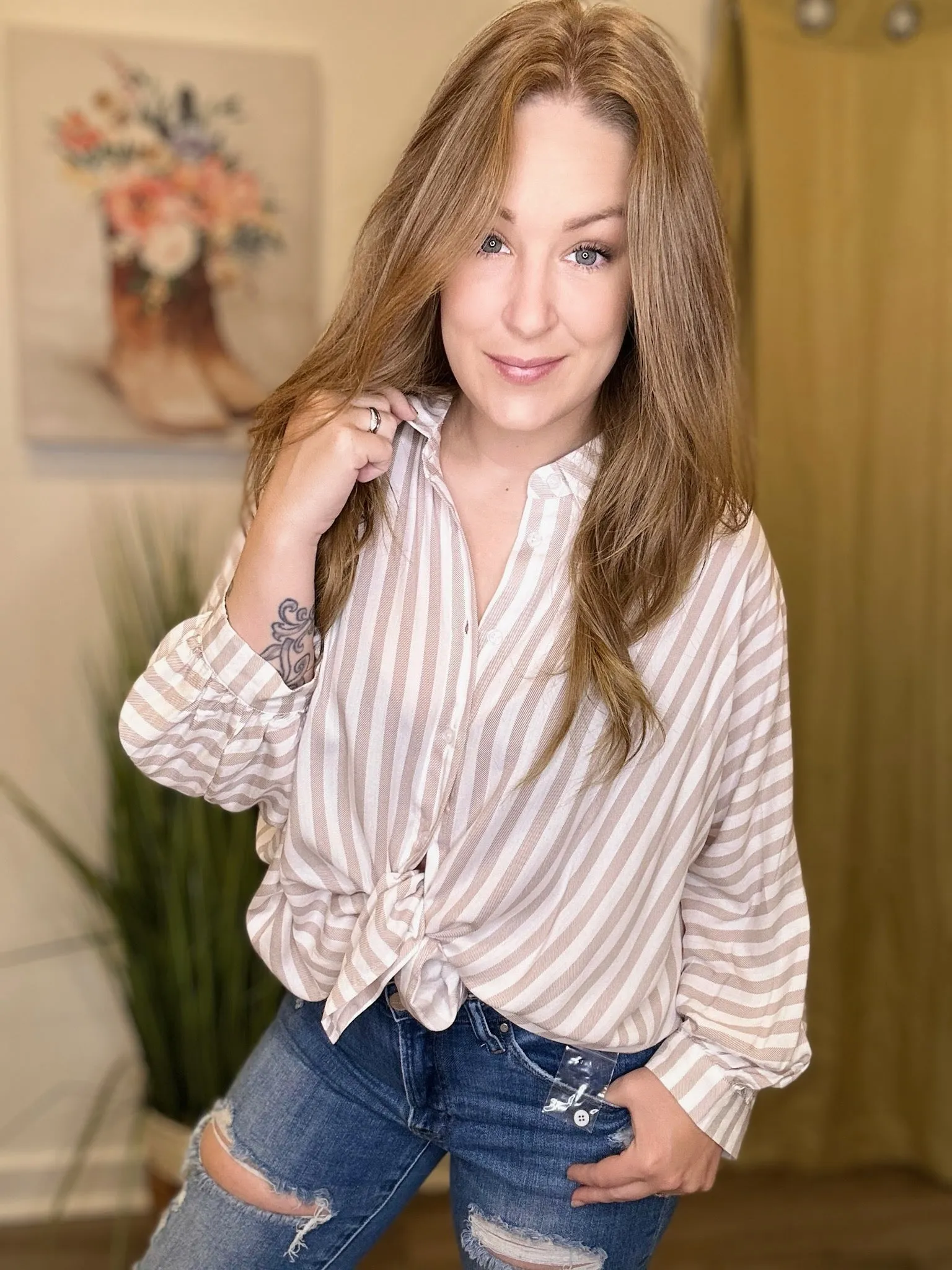 Taupe Striped Oversize Button Up