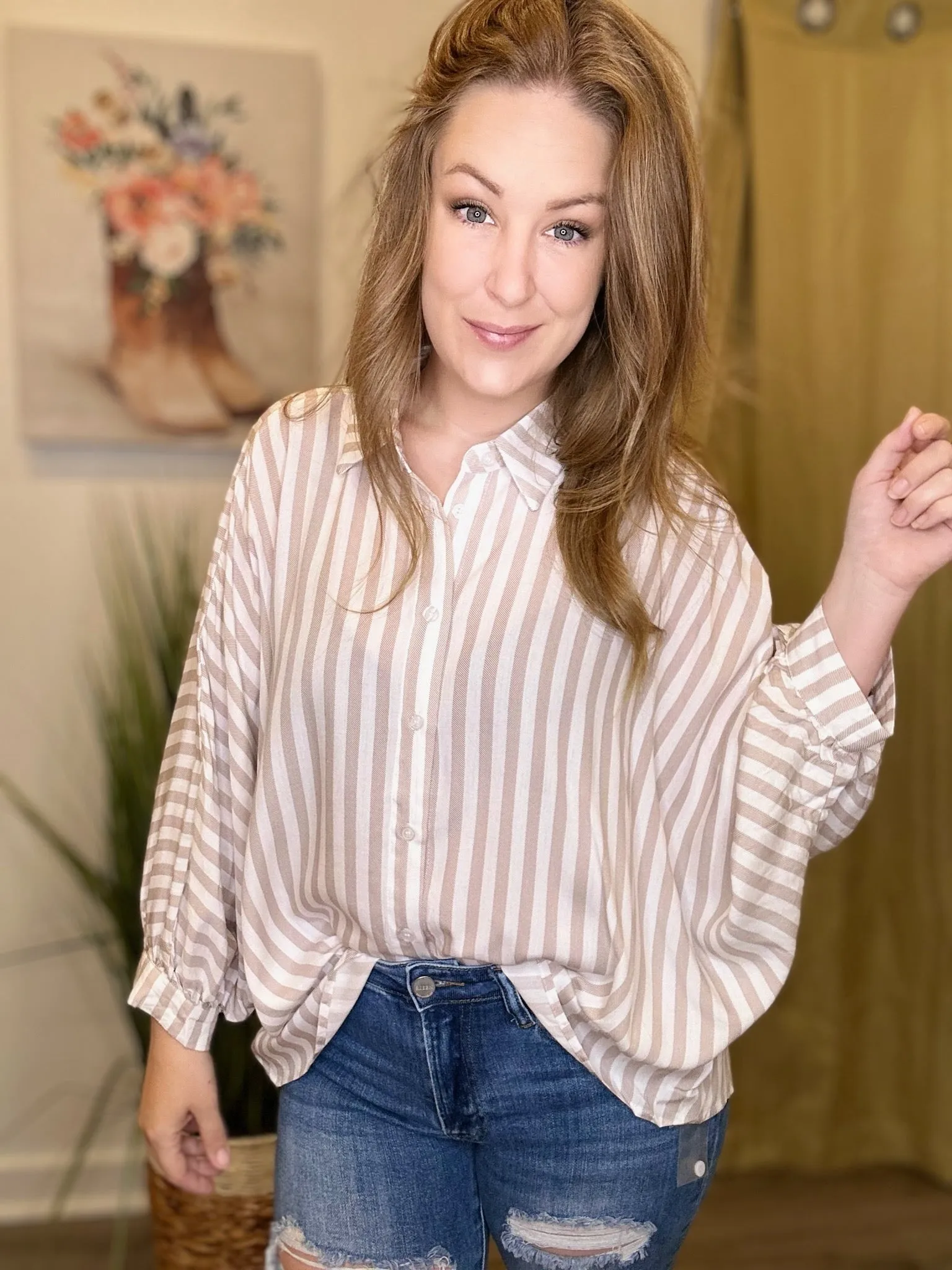 Taupe Striped Oversize Button Up