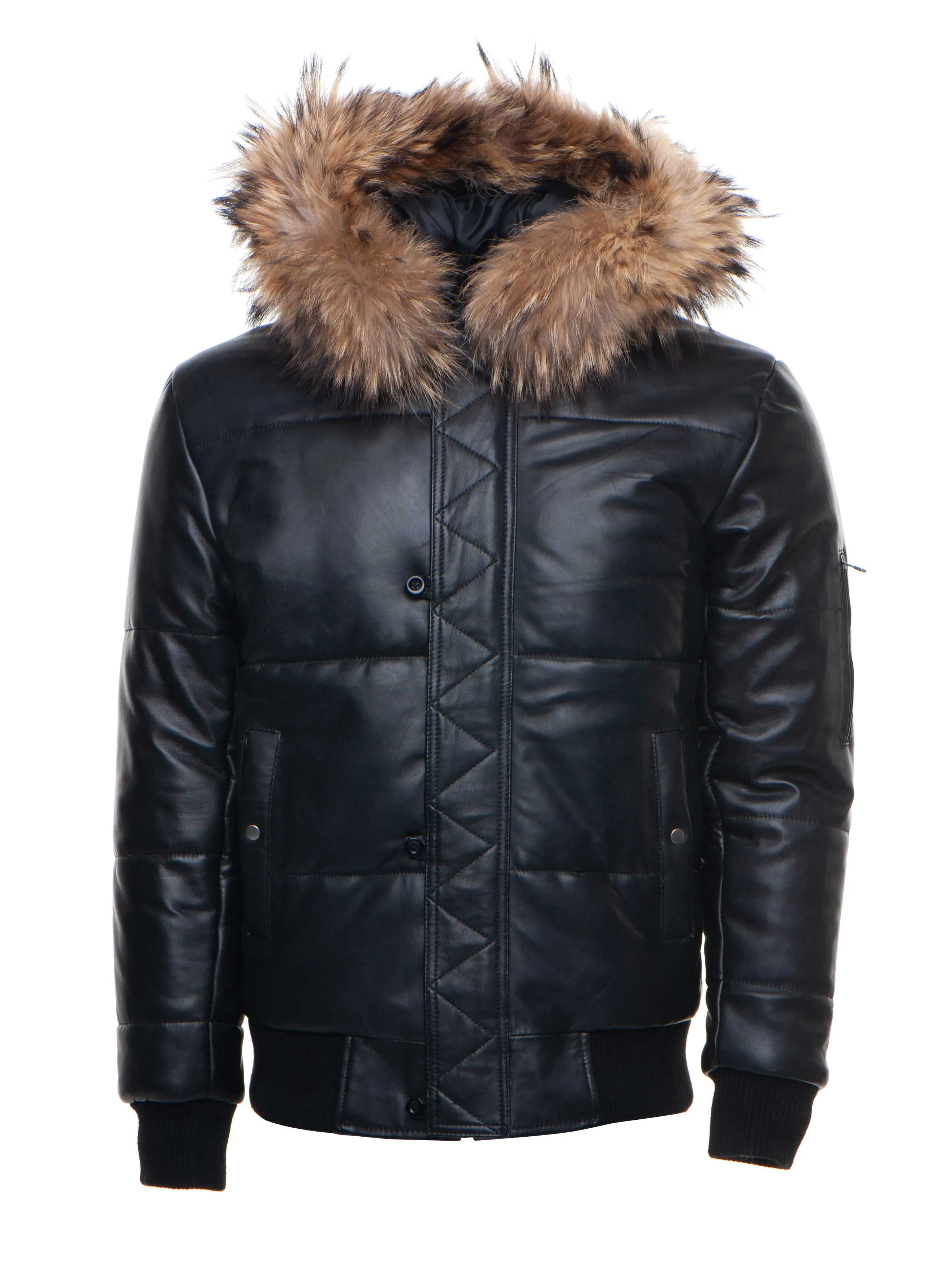 Traynor's Puffer Winter Leather Jacket with ribbed cuffs and waist and fur trim hoodie