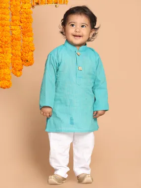 VASTRAMAY Boy's Green Striped Pure Cotton Kurta