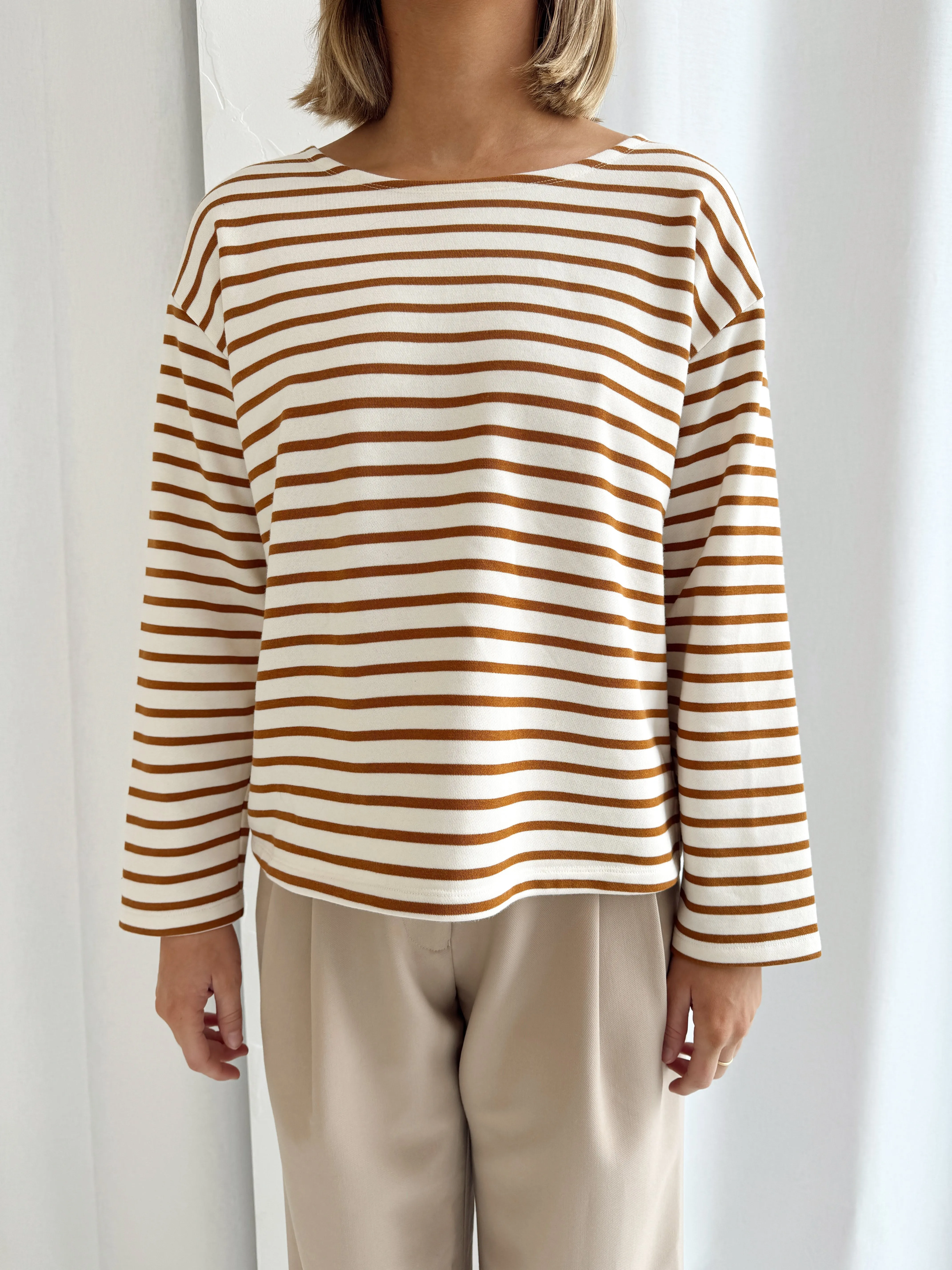 Weekend Stripe LS Tee - Tan & White