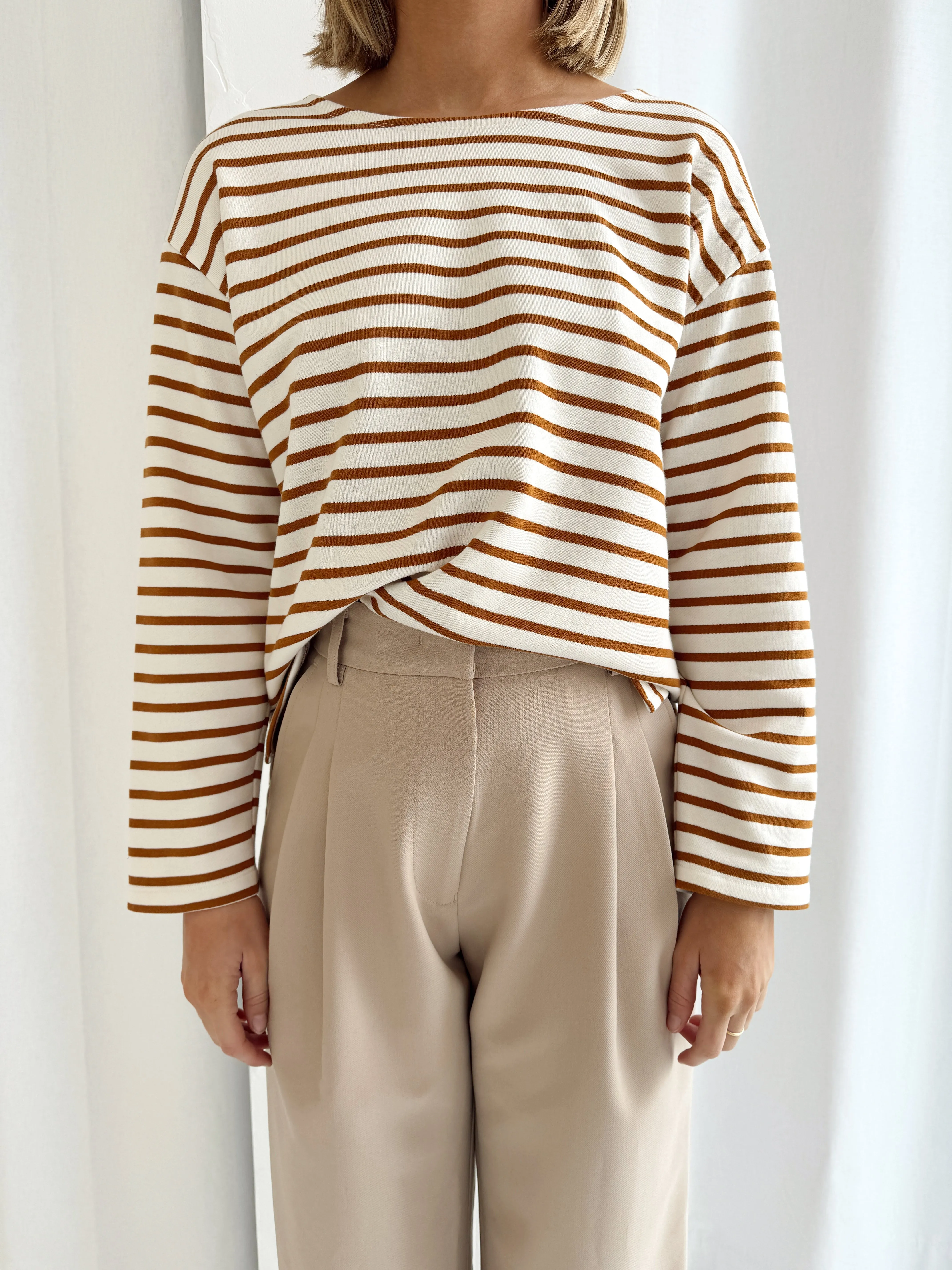 Weekend Stripe LS Tee - Tan & White