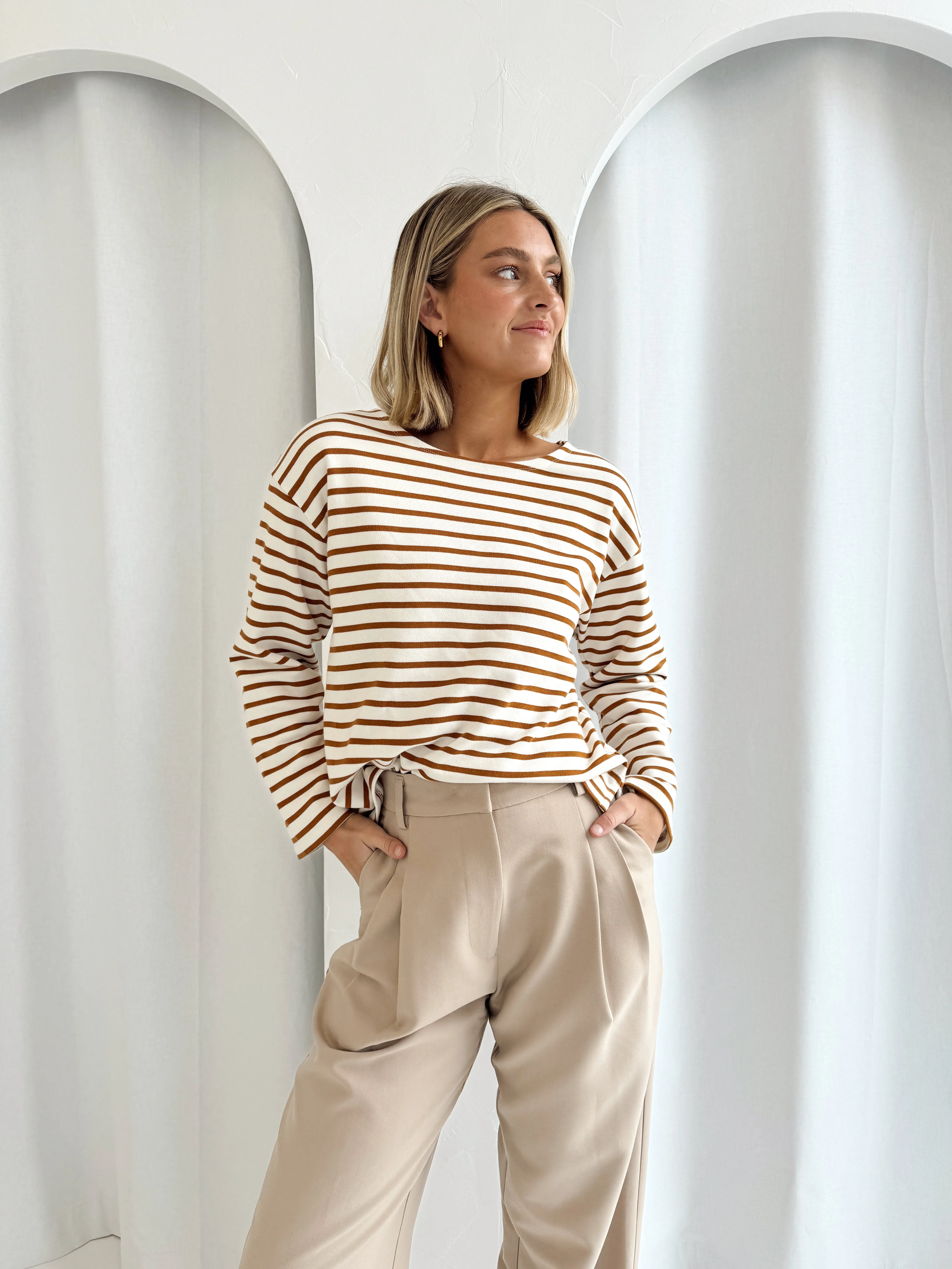 Weekend Stripe LS Tee - Tan & White