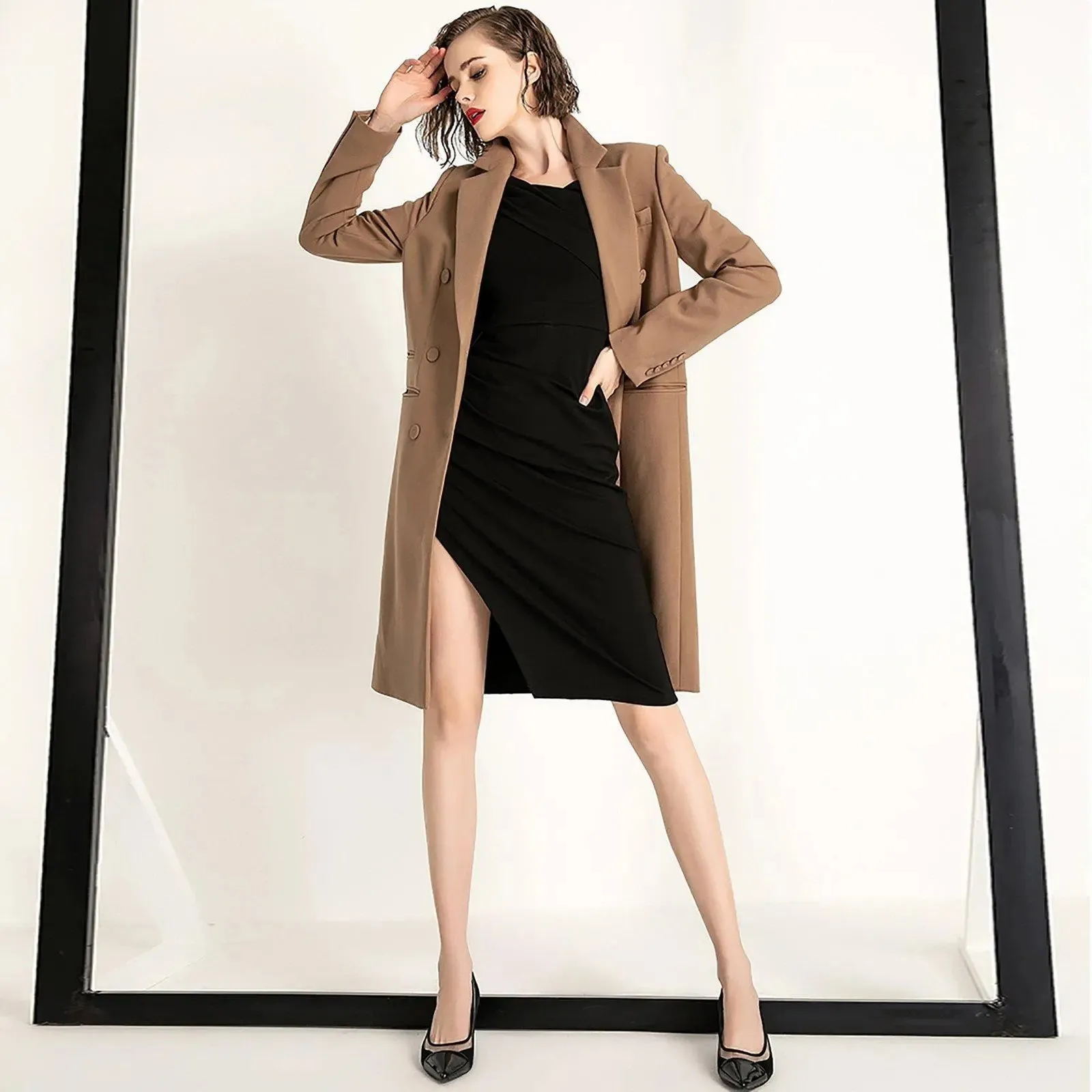 Women's Camel Classic Trench Coat,Long Blazer Overcoat,Women Double-Breasted Blazer Suit Coat Fall Overcoat,Fall Trench Coat Outerwear