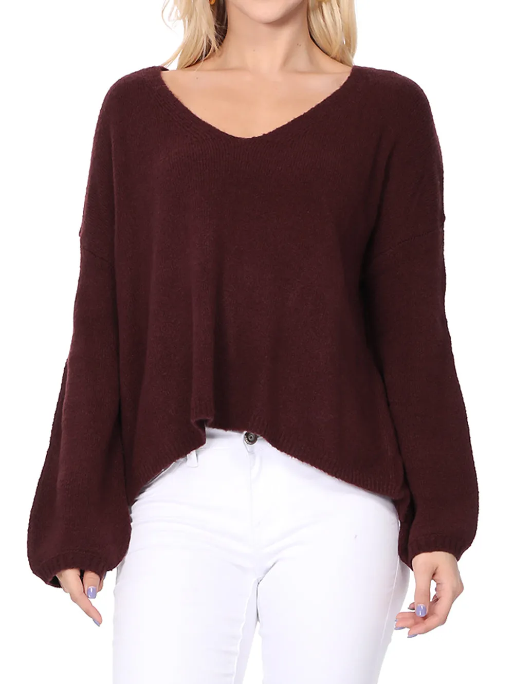 Women's Long Sleeve Wide V-Neck with Side Slit Oversize Pullover Sweater MK8219