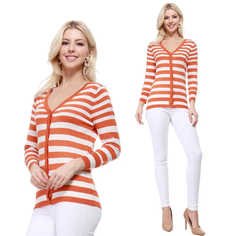 Yemak Women's 3/4 Sleeve V-Neck Stripe Sweater Cardigan MK3078