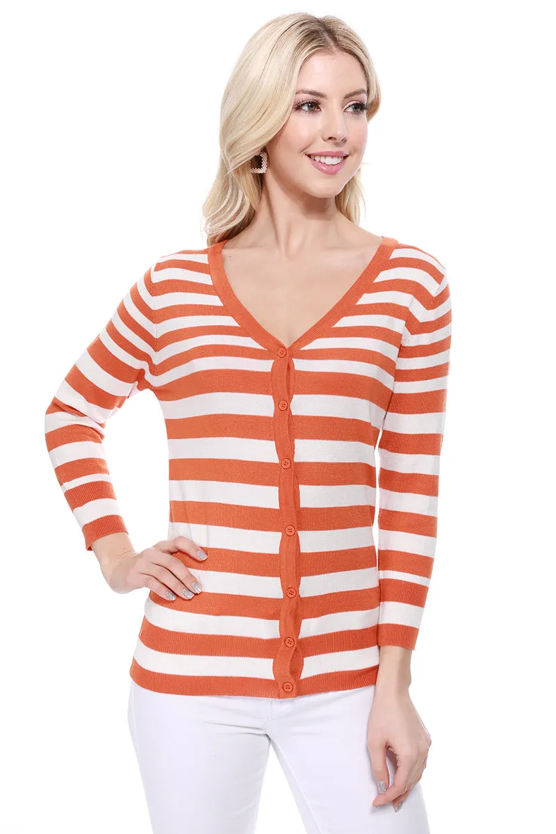 Yemak Women's 3/4 Sleeve V-Neck Stripe Sweater Cardigan MK3078