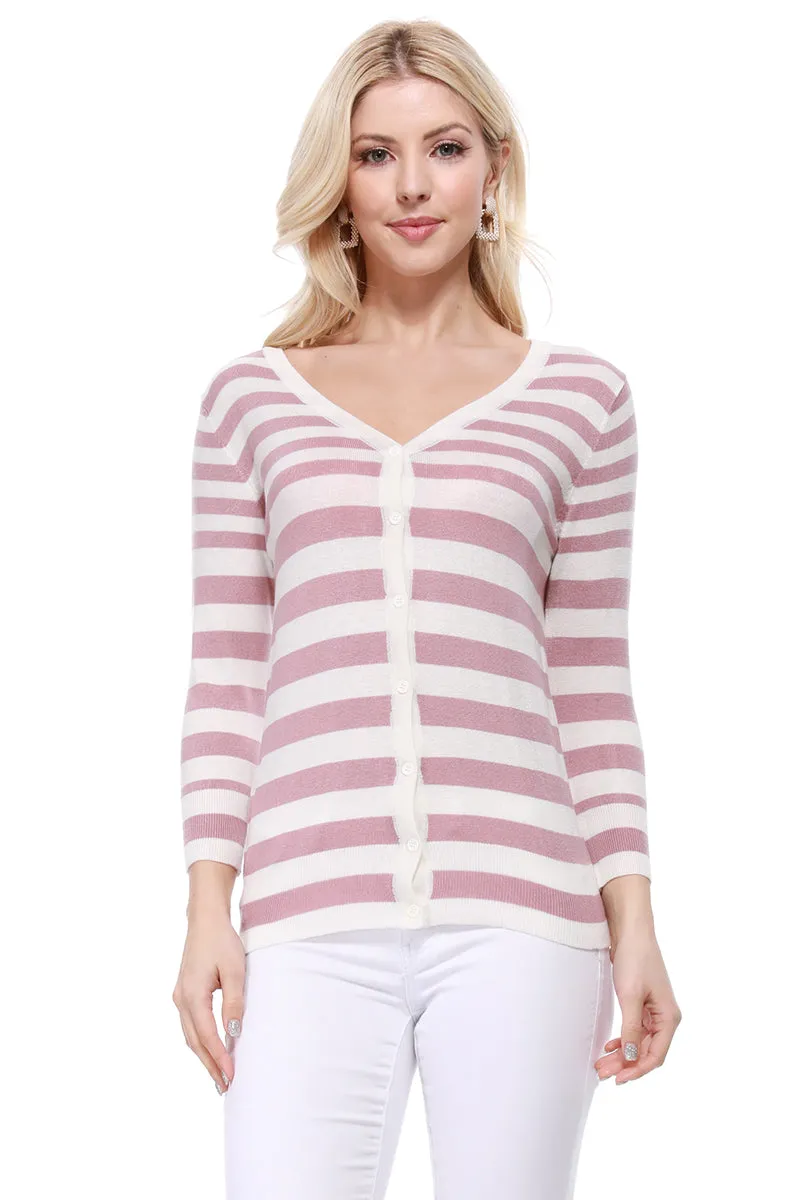 Yemak Women's 3/4 Sleeve V-Neck Stripe Sweater Cardigan MK3078