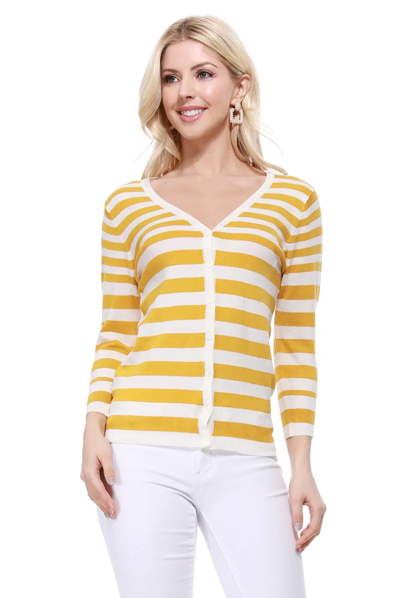 Yemak Women's 3/4 Sleeve V-Neck Stripe Sweater Cardigan MK3078