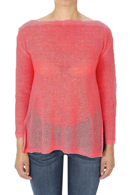 Yemak Women's Sheer Long Sleeve Bateau Boat Neck Knit Top with Side Vent MK3564