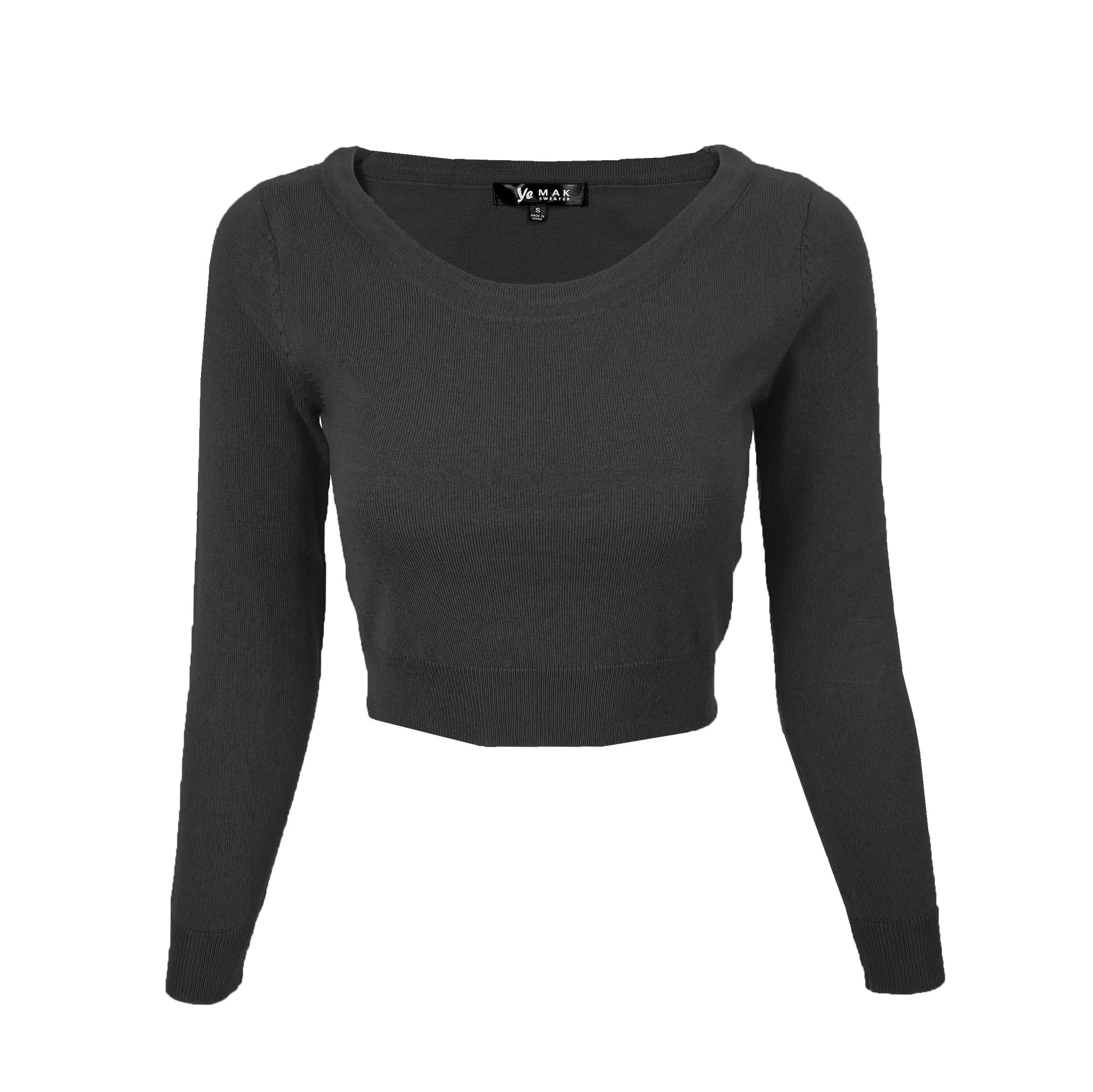 YEMAK Women's Stretch Crop Top Pullover Sweater - Long Sleeve Slim Bodycon Crewneck Basic Casual Pullover Solid  Cropped Knit Top MK3637 (S-XL)